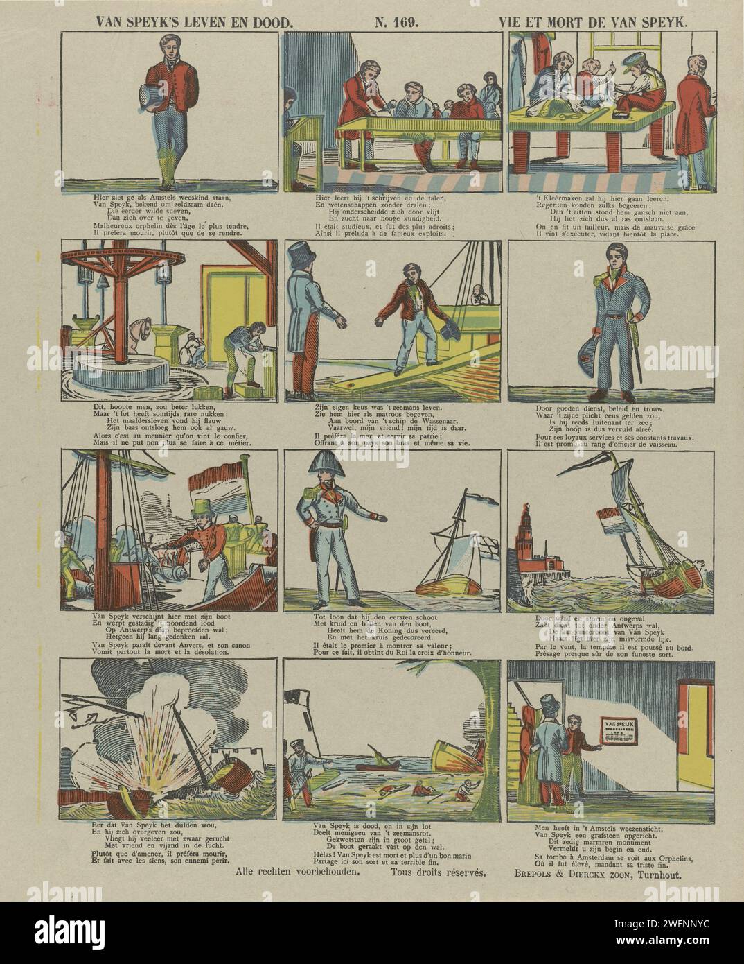 Van Speijk's Life and Death / vie et Mort de Van Speyk, 1833 - 1911 stampa Leaf con 12 esibizioni sulla vita e il sacrificio di J.C.J. Van Speijk durante la lotta contro i belgi. Sotto ogni immagine un verso a quattro righe in olandese e un verso a due vie in francese. Numerato al centro: N. 169. Battaglia per la stampa di carta Turnwood. rivoluzione, rivolta. Orphans Belgium Foto Stock