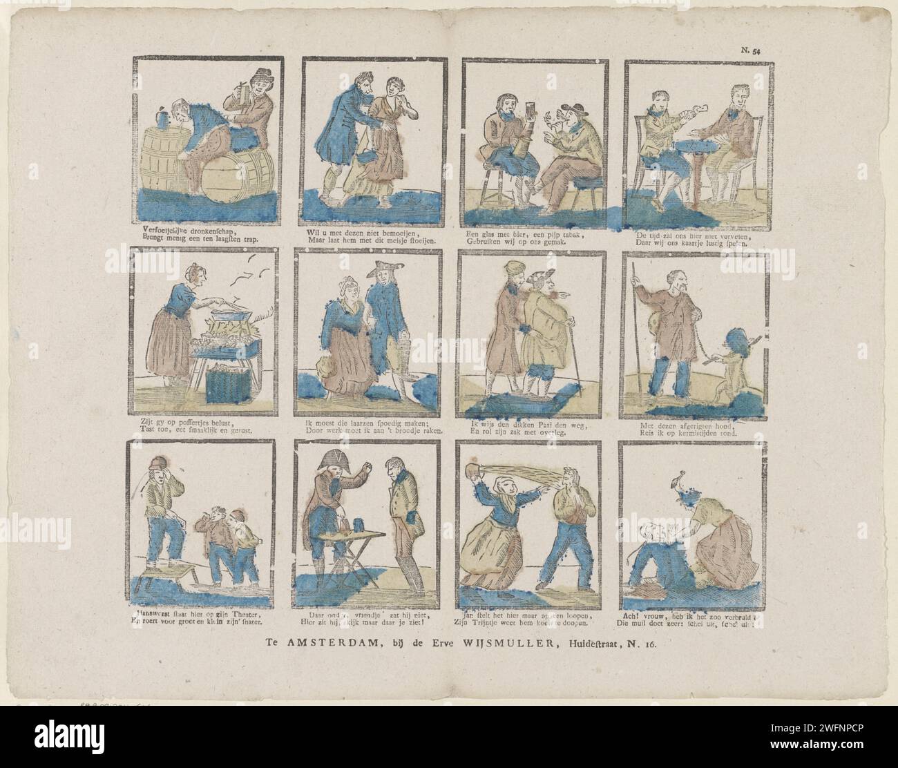 Figure e attività, 1828 - 1849 fogli stampati con 12 spettacoli di diverse figure e attività, come un ubriaco, una donna che prepara poffertjes e un borseggiatore. Sotto ogni performance un verso a due vie. Numerato in alto a destra: N. 54. Amsterdampublisher: Deventerprint Maker: Olandese paper letterpress Printing Human types. classe operaia, operai. pickpocket. ubriachezza. ubriaco Foto Stock