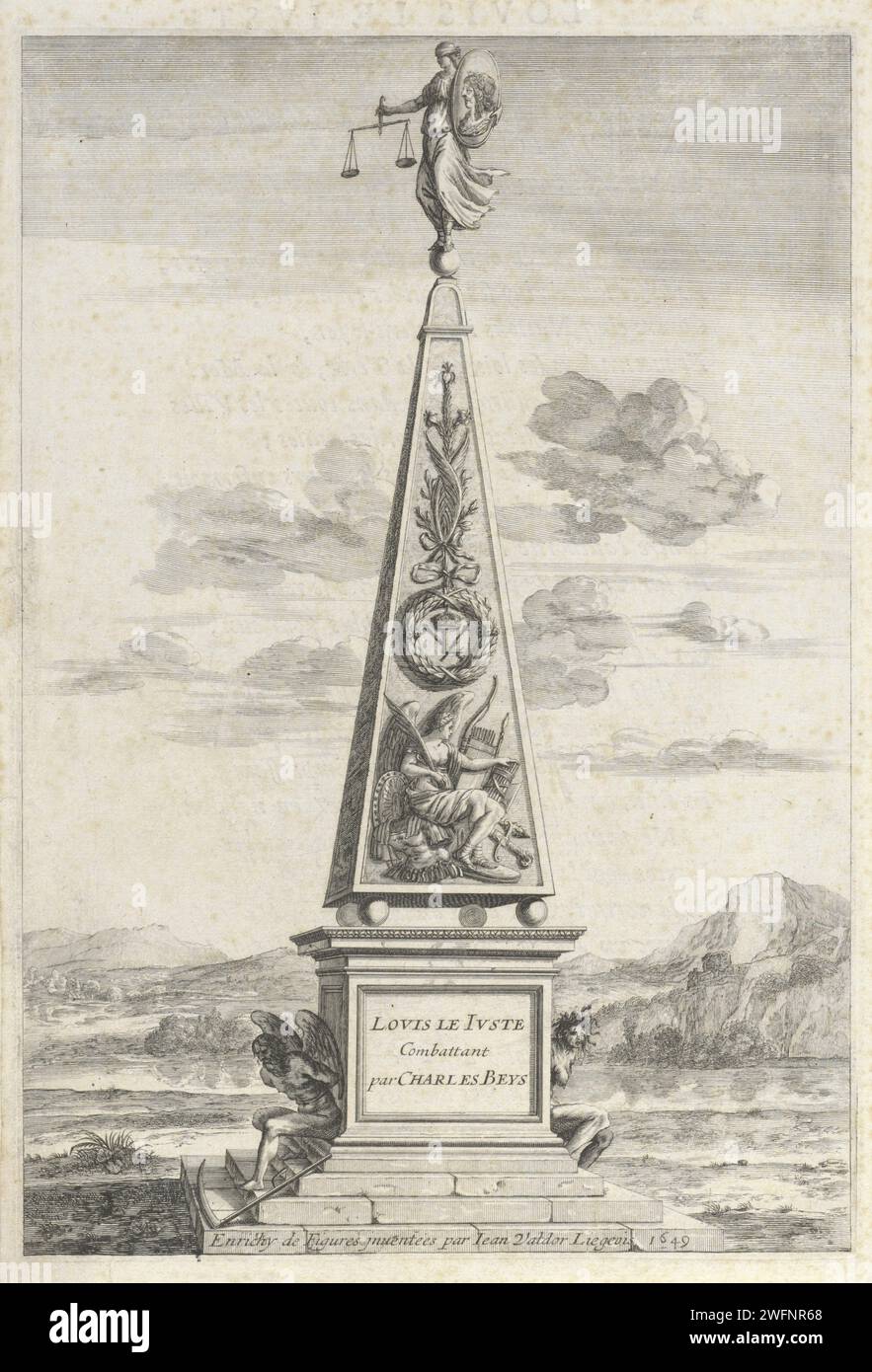 Monumento in un paesaggio, Johannes Valdor (II), 1649 stampare Un monumento in un paesaggio, con Giustitia in cima con un ritratto di Luigi XIII, re di Francia. Ai piedi il tempo del padre incatenato e l'invidia incatenata. Paesaggio di incisione/incisione della carta parigina con monumento - II - paesaggi ideali. Giustizia, "Justitia"; "Giustitia divina" (Ripa)  una delle quattro virtù cardinali. Invidia; 'Invidia' (Ripa)  personificazione di uno dei sette peccati mortali. Padre tempo, uomo con ali e falce Foto Stock