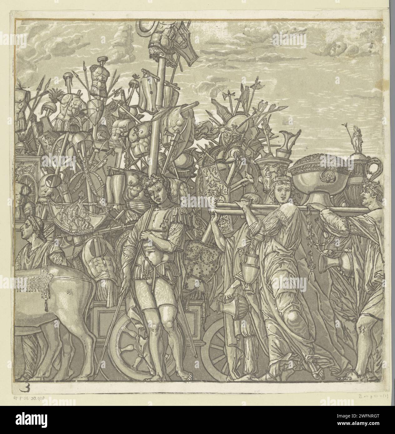 TRIOMFTOCHT van Julius Caesar, Andrea Andreani, dopo Bernardo Malpizzi, dopo Andrea Mantegna, 1599 stampa numerata in basso a sinistra: 3. Tipografia: Italyafter disegno di: Mantuaafter dipinto di: Mantova carta trionfo di Cesare. armatura Foto Stock