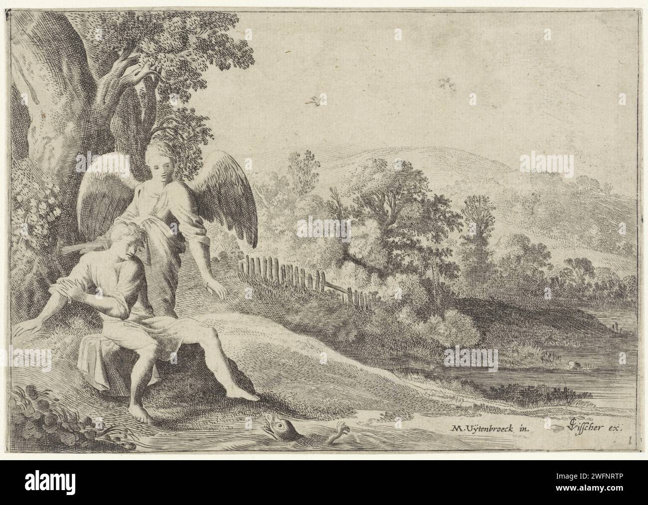 Tobias è scioccato dal pesce, Anonymous, dopo Moyses van Wtenbrouck, 1620 - 1697 stampa Tobias è seduto sul lato dell'acqua e brilla quando vede il pesce nell'acqua. L'angelo è dietro di lui. Numerato come 1 nell'angolo in basso a destra. Print by: The Hatepublisher: Amsterdam paper etching / incisione appare un grande pesce mentre Tobias si lava i piedi; è spaventato Foto Stock