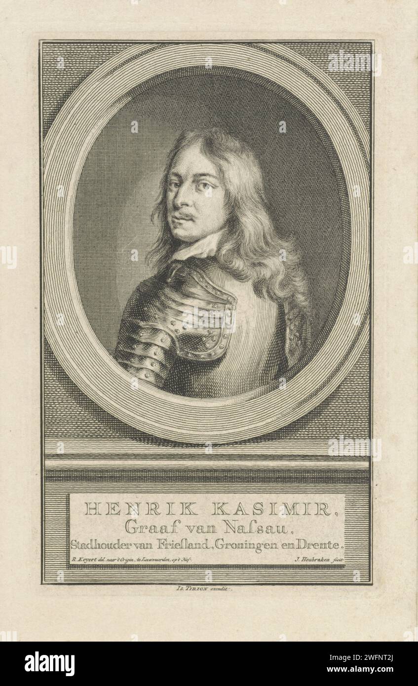 Ritratto di Hendrik Casimir i, Conte di Nassau -Dietz, Jacob Houbraken, dopo Rienk Keyert, 1749 - 1759 stampa Ritratto di Hendrik Casimir i in un ovale. In una cornice sono presenti il nome e i titoli. Incisione su carta di Amsterdam Foto Stock