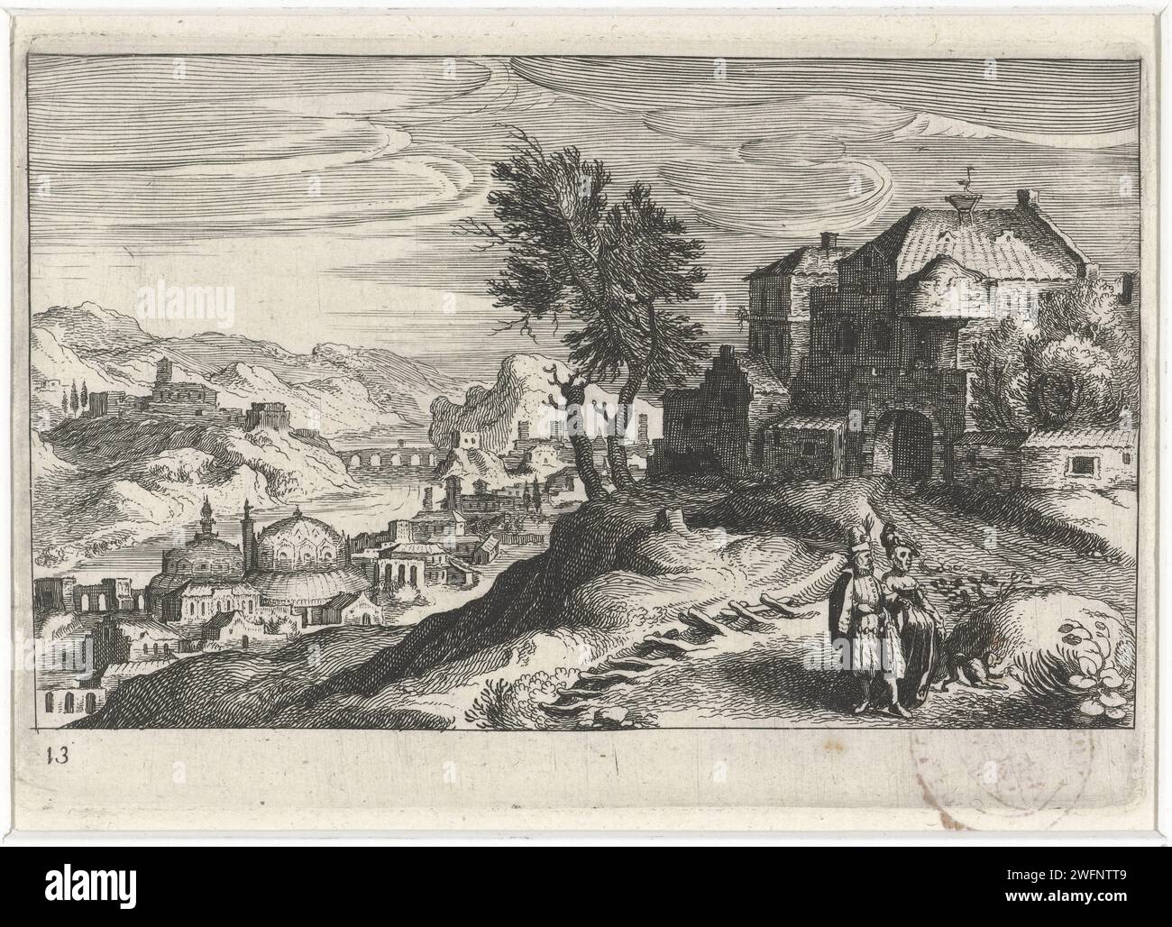 Rivierdal con lavori di costruzione, Simon Frisius, dopo la stampa del 1611 di Matthijs Bril, ci sono alcuni edifici con cupole su un fiume. Sulla destra un uomo e una donna camminano lungo un sentiero con un cane. Tipografia: Olanda settentrionale spublisher: L'Aia carta incisione montagne (+ paesaggio con figure, personale) Foto Stock