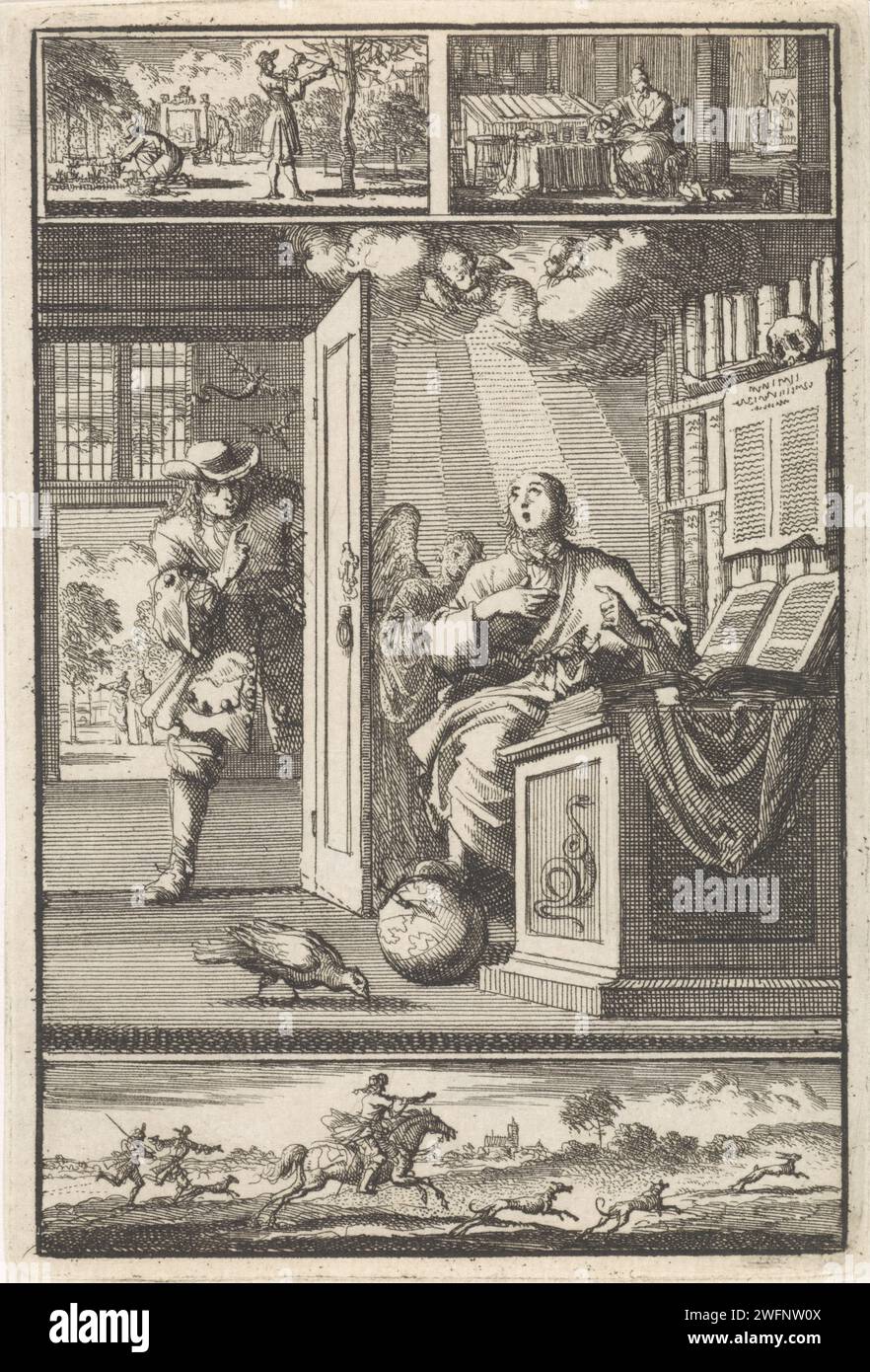 Lo studioso ottiene una visione nel suo studio, Jan Luyken, 1700 stampa Uno studioso è dietro un tavolo nel suo studio, per un libro aperto. Sta su un globo con il piede destro. Il cielo si apre sopra di lui e appaiono i cherubini. Sullo sfondo un uomo che apre la porta dello studio. Sotto la mostra una cornice con una caccia alla lepre. Due quadri sopra lo spettacolo. A sinistra due giardinieri al lavoro e a destra un commerciante che conta i suoi soldi. Studioso di incisione di carta di Amsterdam nel suo studio. 'Mondo', 'Machina del mondo' (Ripa). luce che splende dal cielo. cherubini, ovvero teste per bambini con ali. caccia alla lepre, coniglio-hu Foto Stock