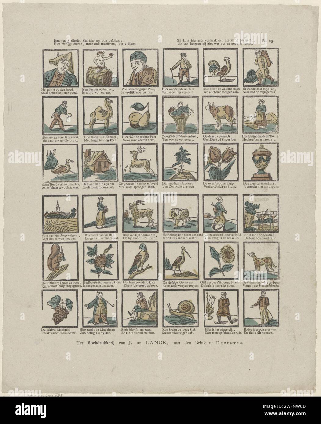 Un utile tutti i tipi possono vedere il tuo occhio qui, / qui vedi animali, ma anche persone che sembri. / Puoi passare un'ora con intrattenimento, / e da ciò che vedi che utilità e buon imparare, c. 1822 - 1849 fogli stampati con 36 spettacoli di figure, animali, piante e oggetti. Sotto ogni immagine un verso bidirezionale. Numerato in alto a destra: N. 23. Editore: Deventerprint Maker: Olanda carta da stampa da lettera animali. tipi umani. piante; vegetazione Foto Stock