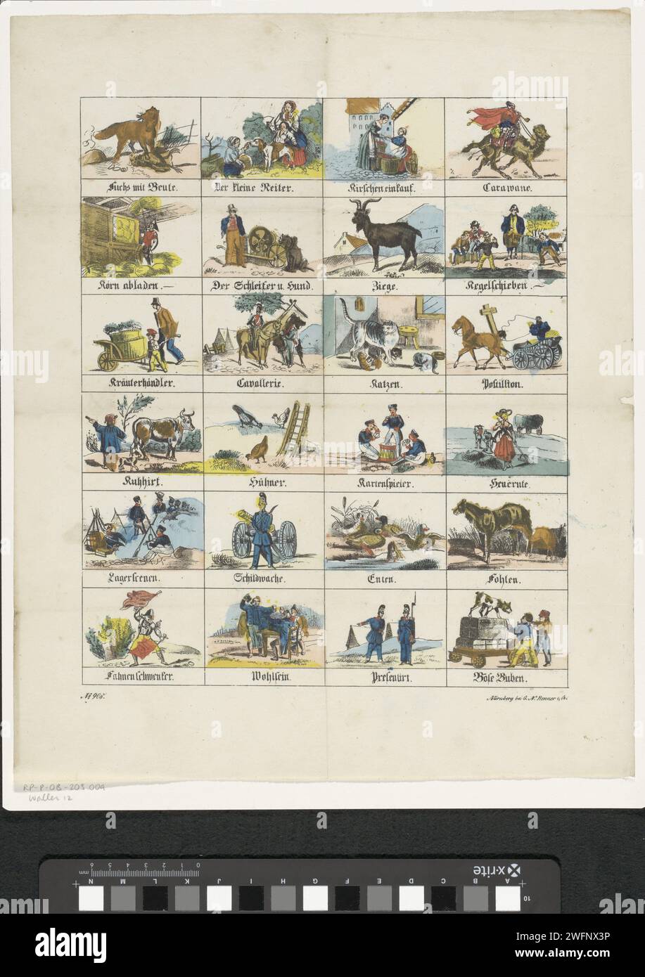 Diversi animali e figure, 1837 - 1868 stampa Foglia con 24 spettacoli di animali e figure. Sotto ogni immagine una didascalia in tedesco. Numerato in basso a sinistra: N. 908. Animali da stampa in carta da lettera di Norimberga. caratteri (tipi umani) Foto Stock