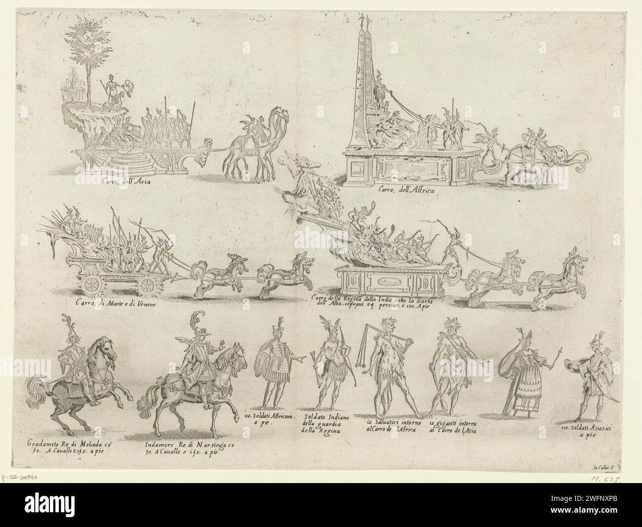 Carnevale a Firenze: Carri e partecipanti alla parata, Jacques Callot, dopo Giulio Parigi, 1616 stampa quattro carri (rappresentanti/trasportanti Asia, Africa, Marte e Venere e la regina dell'India), due cavalieri e sei personaggi a piedi, quasi tutti con un testo esplicativo in italiano. Queste auto e figure cavalcavano e camminavano lungo la parata che si svolse durante la festa di carnevale "Guerra d'amore", che Cosimo II diede ai Medici a Firenze nel 1616. Carnevale di Firenze, Shrovetide (celebrazione non liturgica). carro, auto trionfale. (Storia di) Marte (Ares). (Storia di) Venere (A Foto Stock