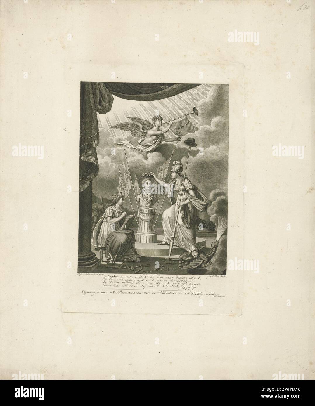 La Vergine olandese incorona il busto del principe ereditario Willem II, Noah van der Meer (II), dopo Adrianus Gerardus van Schoone, 1815 stampa la Vergine olandese, in piedi sul mostro del Dwingelandij e con la lancia della libertà in mano, lodare un busto del principe ereditario Guglielmo II d'Orange. Accanto al busto c'è la storia, che registra le gesta eroiche del principe. La fama soffia l'elogio, su cui è appeso uno striscione con la data della battaglia di Quatre-Bras. Nella parte inferiore del margine un verso a quattro righe e l'assegnazione. Carta di Amsterdam che incide personaggi storici (ritratti e scene della vita) Foto Stock