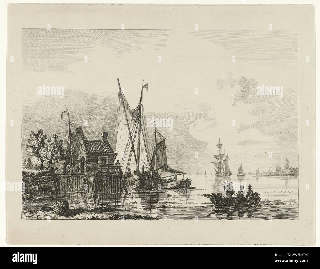Fronte del fiume con navi a vela ormeggiate, Willem Gruyter Jr., 1832 - 1880 stampare casa in legno presso un molo con navi a vela ormeggiate e sulla destra in primo piano una barca a remi con tre uomini. A sinistra, sotto lo spettacolo, sono visibili due figure incise di schizzo molto vaghe. Amsterdam cartaceo a vela, barca a vela (+ quattro persone o più  traffico e trasporto). canottaggio, canoa, ecc. Foto Stock