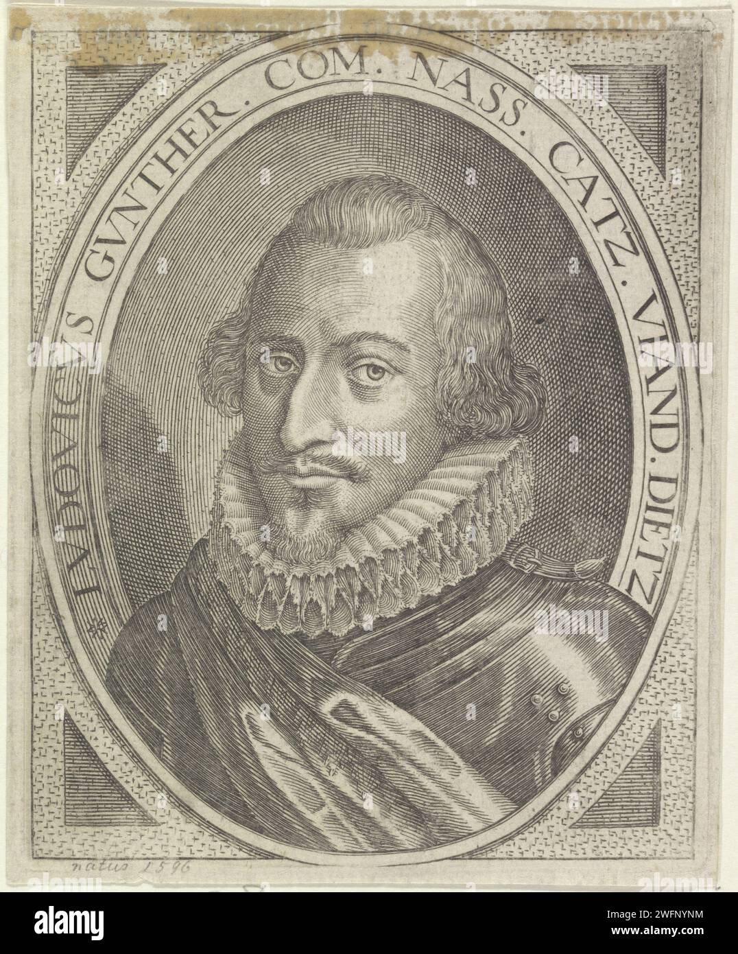 Ritratto di Lodewijk Gunther, conte di Nassau, stampa 1600 - 1699 Ritratto di Lodewijk Gunther in un ovale con bordo che si collega alle spalle. Stampa carta/incisione/incisione/stampa letterpress per paesi in basso Foto Stock