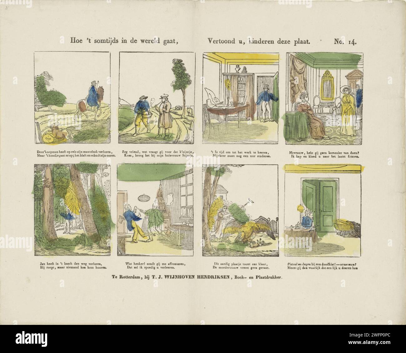 Come a volte va nel mondo, / vi mostrate, bambini questo album, Theodorus Johannes Wijnhoven -Hendriksen, 1832 - 1850 fogli stampati con 8 esibizioni di figure e attività diverse, tra cui un uomo nel suo studio e una madre che salva il bambino da un'aquila. Sotto ogni performance un verso a due vie. Numerato in alto a destra: N. 14. Rotterdam, studioso di stampa letteraria nel suo studio. "maternità", desolante (+ protezione) Foto Stock