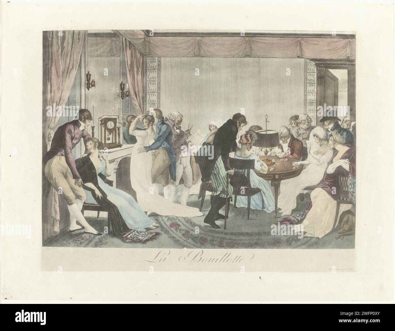 La Boulotte, Anonimo, in onore di Jean Francois Bosio, 1804 un'elegante compagnia gioca a carte Bouillotte a un tavolo. (Il gioco è stato inventato sotto la direzione ed è stato il gioco di carte per eccellenza durante questo periodo, non tanto nelle case di gioco quanto nei saloni mondani. È stato giocato con 5 giocatori, riferendosi al Consiglio di cinque membri della Francia che il paese durante una parte della Rivoluzione francese (1795-1799) governò / 'Au Temps des Merveilleuses', no 123))) targhe di moda per incidere carta di Parigi. feste private, compagnia allegra. vestiti, costume (+ abiti da uomo). carte da gioco. cura di Foto Stock
