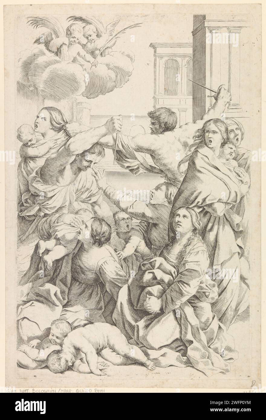 Omicidio di bambini a Betlemme, 1621 - 1688 impronte madri disperate cercano di proteggere i loro figli dai soldati di Erode. Negli edifici di fondo. In alto a sinistra due putti con i rami di palma delle foreste sulle nuvole. Tipografia: Italyafter dipinto di: Bologna carta che incide il massacro degli innocenti; a volte Erode che guarda Foto Stock