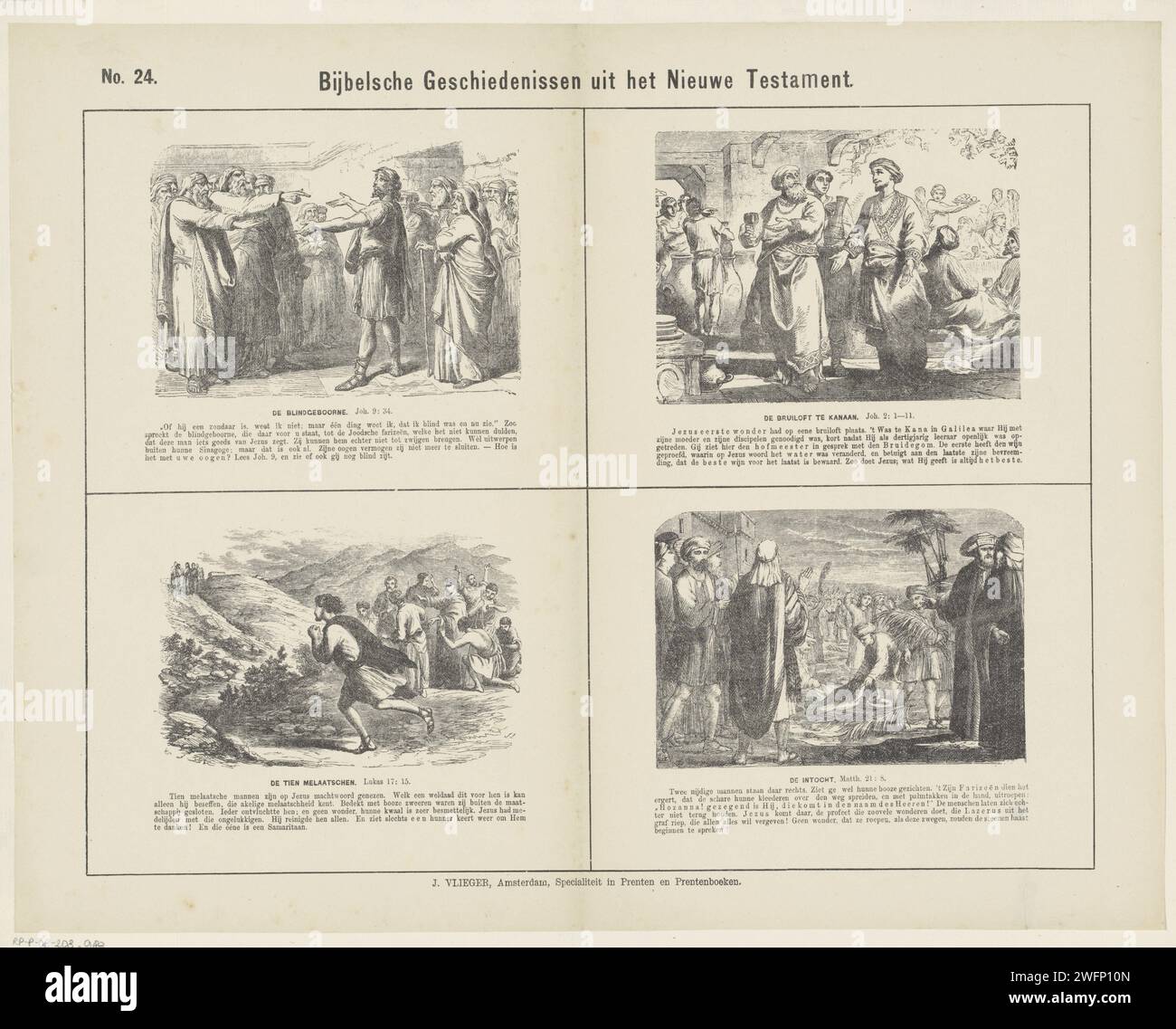 Storie bibliche dal nuovo Testamento, 1871 - 1908 stampa Leaf con 4 esecuzioni di storie dal nuovo Testamento. Il Blindborne, il matrimonio a Kana, Cristo invia i dieci lebbrosi a un sacerdote e l'ingresso a Gerusalemme. Il corrispondente testo della Bibbia sotto ogni immagine. Numerato in alto a sinistra: N. 24. Stampa di carta letterpress Amsterdam New Testament. Guarigione di un uomo nato cieco: Cristo tocca gli occhi con un "unguento" di polvere e friabile (Giovanni 9). Cristo invia dieci lebbrosi al sacerdote (Luca 17,11-19). La festa del matrimonio a Cana (Giovanni 2:1-11). Ingresso a Gerusalemme: Persone che si diffondono t Foto Stock