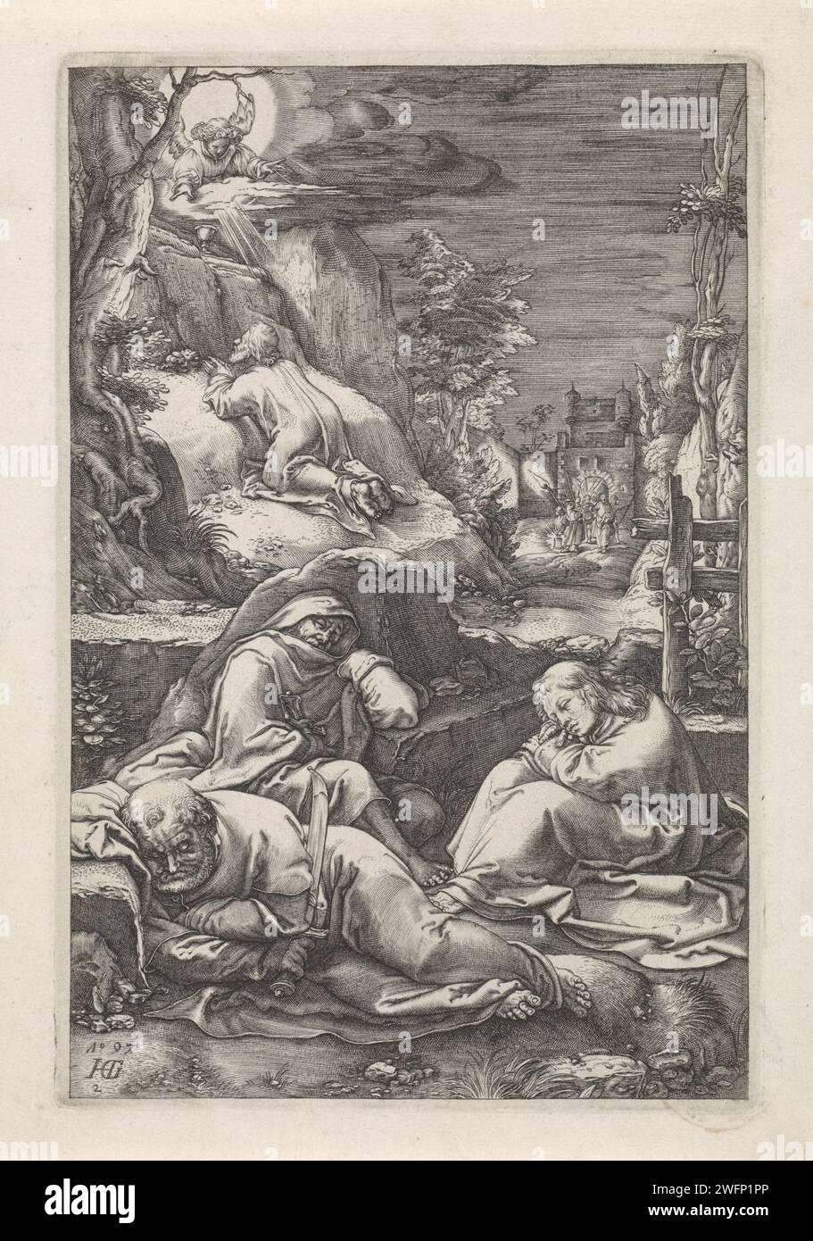 Cristo in the Hof van Getsemane, Anonimo, dopo Hendrick Goltzius, 1597 - 1667 stampa Cristo prega alla corte di Getsemane. Un angelo gli appare e gli mostra un calice. In primo piano tre discepoli dormienti. Il gruppo di soldati arriva attraverso lo Stadspoort sulla destra. Carta olandese incisione agonia di Cristo: Per confortarlo uno o più angeli appaiono a Cristo con calice e/o croce. Agonia di Cristo; tre (o undici) apostoli dormono Foto Stock