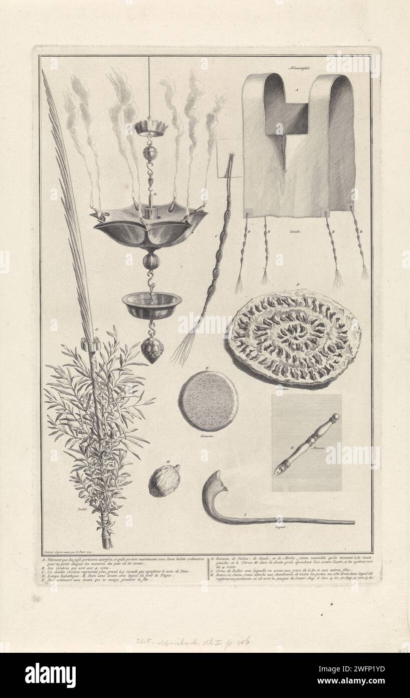 Utensili religiosi ebraici, Bernard Picart (laboratorio di), dopo Bernard Picart, 1724 stampano diversi utensili ebraici con una spiegazione in francese in fondo al margine. Dalla A alla K: Un tappeto che viene indossato sotto l'avversario, spazzola con cinque nodi per i nomi di Dio, una lampada di Sabbat, due pani non mascherati, un Loelav, un limone o un Etroch, uno Sjofarhoorn e un Mezuza. Processione di incisione/incisione su carta di Amsterdam con la 'lulav' nella mano destra e la 'etrog' nella mano sinistra  'Sukkot'. 'shofar' (corno di RAM)  religione ebraica. Lampada Sabbath. "mezuzah", pergamena posta sul posto della porta Foto Stock