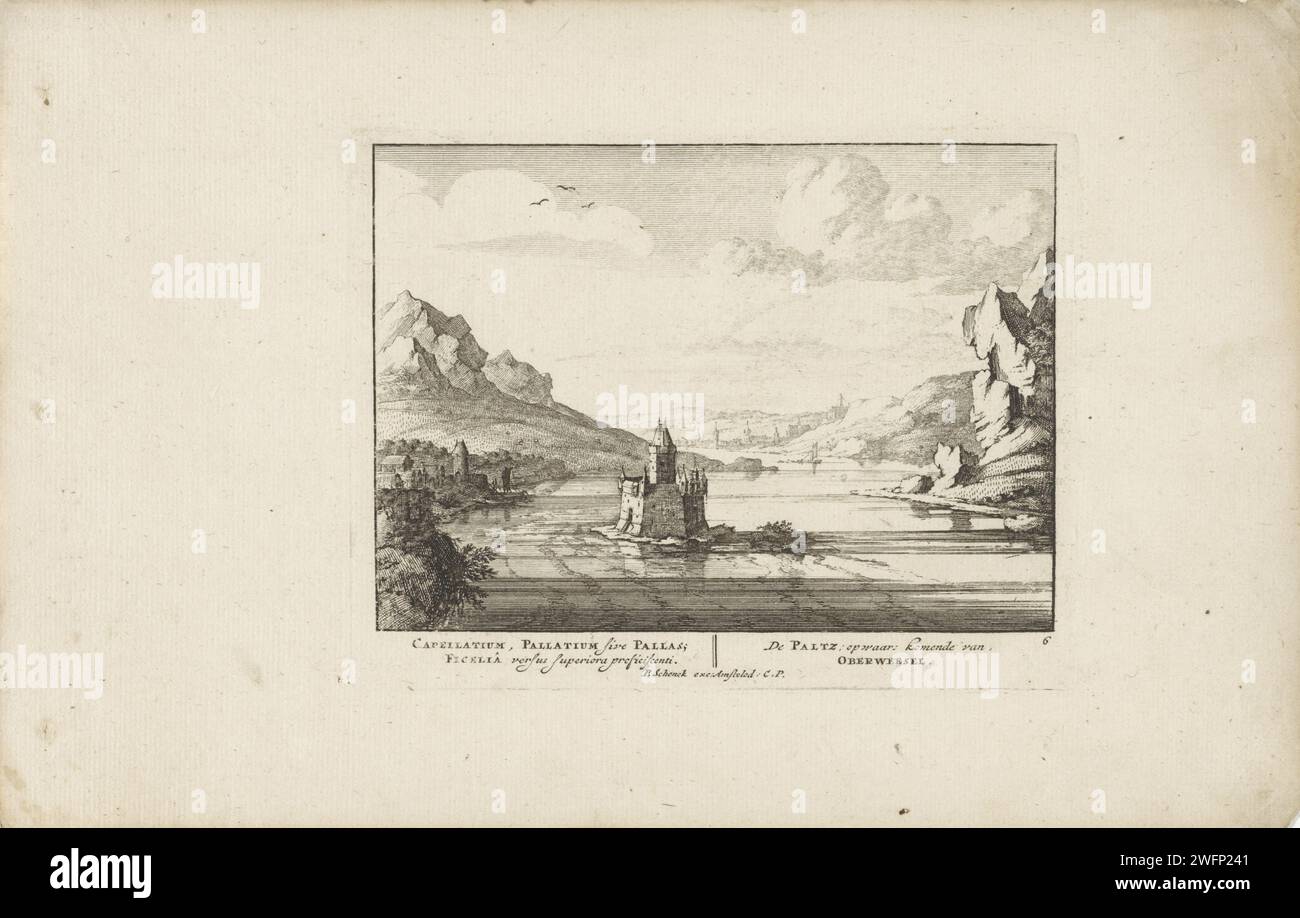 Tolburcht Pfalzgrafenstein nel Reno visto da nord, Jan van Call (II), 1694 - 1697 stampa Vista del Tolburcht Pfalzgrafenstein nel Reno. Sullo sfondo la città di Kaub con Gutenfels sulla cima della collina. Stampa da una serie di 71 stampe con paesaggi del Reno, volti su palazzi reali e paesaggi urbani dell'Aia e di Amsterdam. Castello per incidere la carta di Amsterdam. casello. fiume Kaub. Pfaffenporte **. Reno Foto Stock