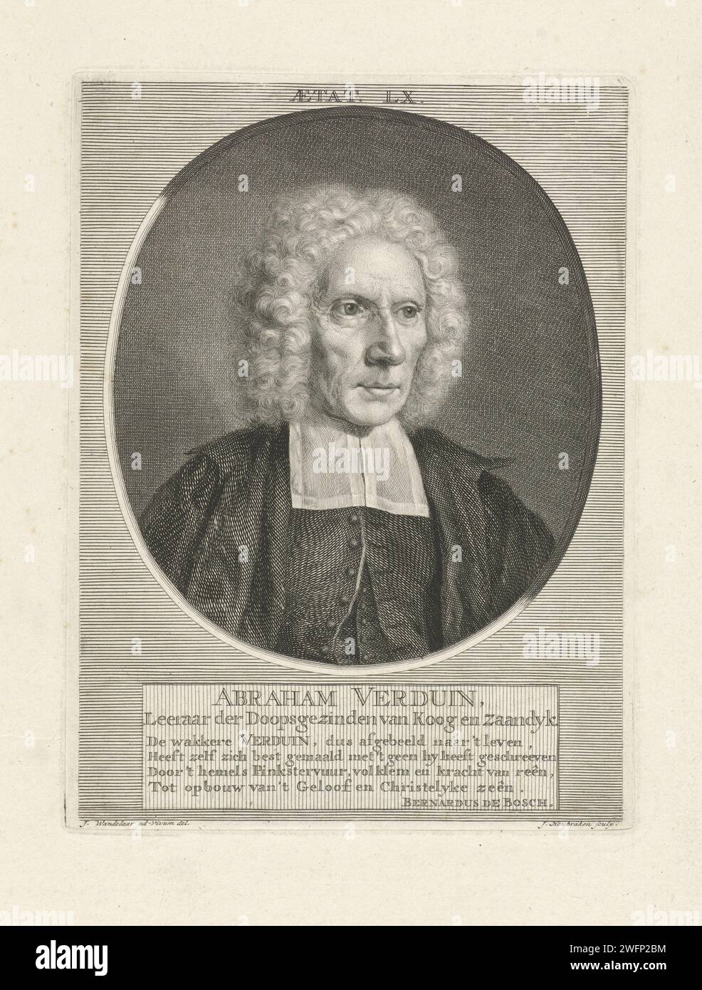 Ritratto di Abraham Verduin, Jacob Houbraken, dopo Jan Wandelaar, 1747 - 1780 stampa Busto a destra di Abraham Verduin all'età di 60 anni in un ovale. Sotto il ritratto, il nome e i dati sono in due righe in olandese e sotto un verso di quattro righe in olandese. Incisione su carta di Amsterdam Foto Stock