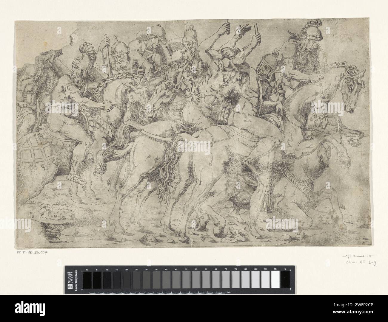 Gruppo Roman Ruiters a cavallo, Antonio Fantuzzi (forse), dopo Giulio Romano, 1537 - 1550 stampa Italia carta che incide il soldato; la vita del soldato. guerra; affari militari (+ cavalleria, cavalieri) Foto Stock