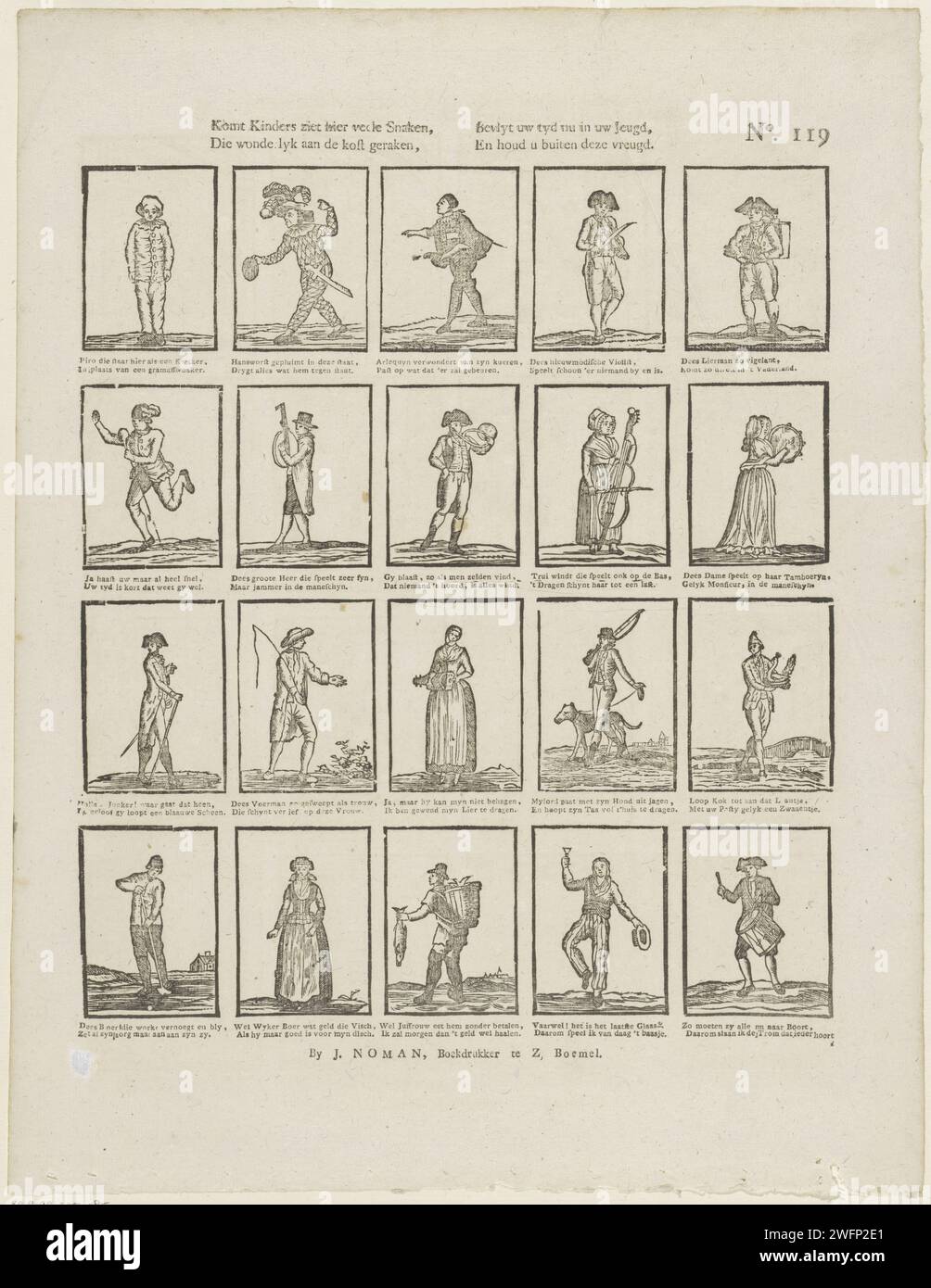 Kindens Zier viene qui con molti serpenti, / che ricevono un miracolo da pagare, / il tuo amico ora in gioventù, / e ti tiene fuori da questa gioia, 1806 - 1830 fogli stampati con 20 spettacoli di diverse figure, come personaggi teatrali, un cacciatore e un venditore di pesce. Sotto ogni immagine un verso bidirezionale. Numerato in alto a destra: N. 119. Carta Zaltbommel per stampa di tipi umani. attore (sul palco). Tipi in 'commedia dell'arte': Harlequin Foto Stock