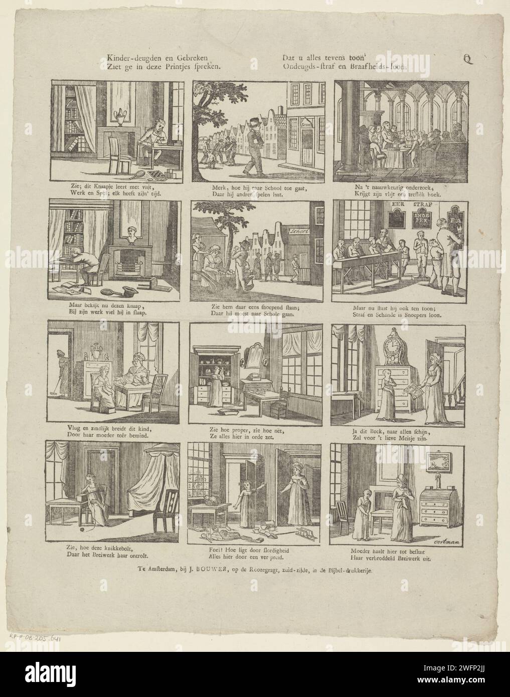 Virtù e difetti dei bambini / vedete parlare in queste stampe / che mostrate anche tutto ' / pena di vizio e salario di bontà, 1805-1808 fogli stampati con 12 rappresentazioni della ricompensa dei bambini obbedienti e la punizione dei bambini disobbedienti. Sotto ogni immagine un verso bidirezionale. Numerato in alto a destra: Q. stampatore: Netherlandsprint maker: Netherlandspublisher: Amsterdam paper letterpress Printing good and bad behaviour, Moral Quality (opposti concetti) (+ situazione o evento (specialmente nella pittura di genere) con connotazione simbolica). scuola elementare; classe, forma. punizione a Foto Stock
