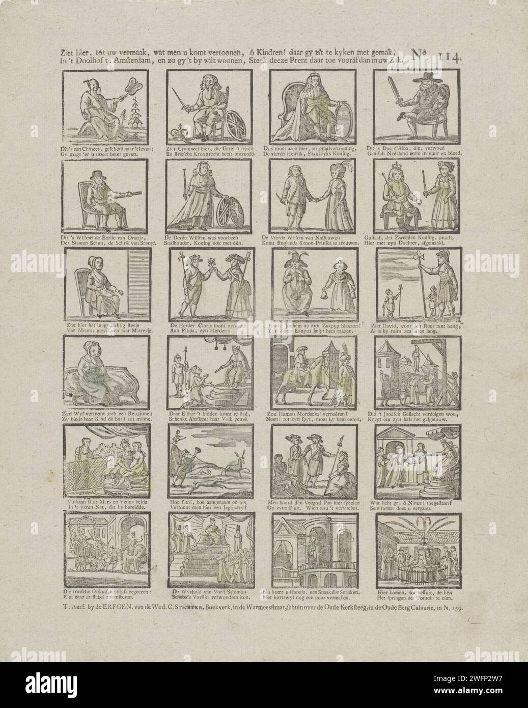 Guarda qui, al tuo intrattenimento, a ciò che vieni a mostrare, / nel Doolhoof di Amsterdam, e così vuoi vivere, / ô Kindren! Ecco a voi con facilità, / cucite questa stampa per quello che avete in tasca, 1715 - 1813 fogli stampati con 24 rappresentazioni di varia natura, tra cui figure che si trovano nel Doolhof di Amsterdam e una fontana. Sotto ogni immagine un verso bidirezionale. Numerato in alto a destra: N. 114. Editore: Amsterdamprint Maker: Olanda carta tipografica stampa tipi umani. caratteri (tipi umani). fontana del giardino Foto Stock