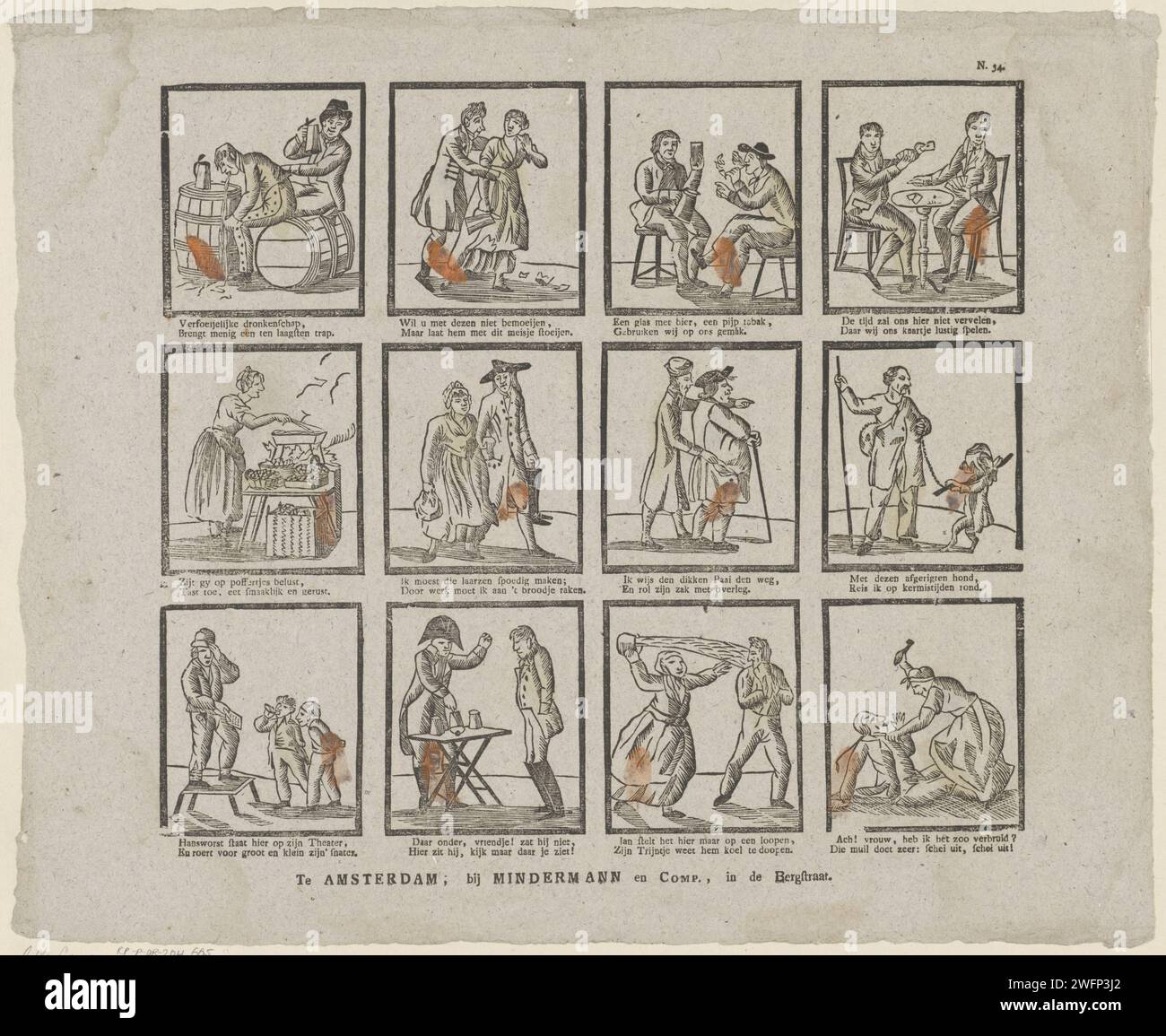 Figure e attività, 1822 - 1849 fogli stampati con 12 spettacoli di diverse figure e attività, come un ubriaco, una donna che prepara poffertjes e un borseggiatore. Sotto ogni performance un verso a due vie. Numerato in alto a destra: N. 54. Amsterdampublisher: Deventerprint Maker: Olandese paper letterpress Printing Human types. classe operaia, operai. pickpocket. ubriachezza. ubriaco Foto Stock