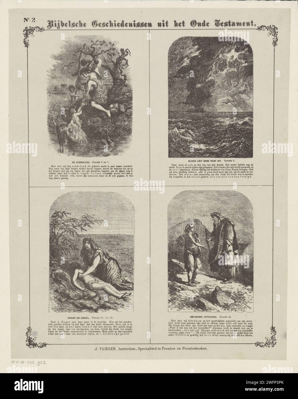 Storie bibliche dell'Antico Testamento, 1871 - 1908 stampa Foglia con 4 rappresentazioni di storie dell'Antico Testamento. Il diluvio, Noè trasmette un corvo, Agar, Ismaël e Abramo e il sacrificio di Isacco. Il corrispondente testo della Bibbia sotto ogni immagine. Numerato in alto a sinistra: N. 2. Carta da lettera di Amsterdam con stampa Antico Testamento. Il diluvio e la distruzione dell'umanità  storia di Noè (Genesi 7:10 - 8:17). Noah manda via un corvo che non torna. Hagar e Ishmael nella natura selvaggia. Il sacrificio di Isacco (Genesi 22) Foto Stock