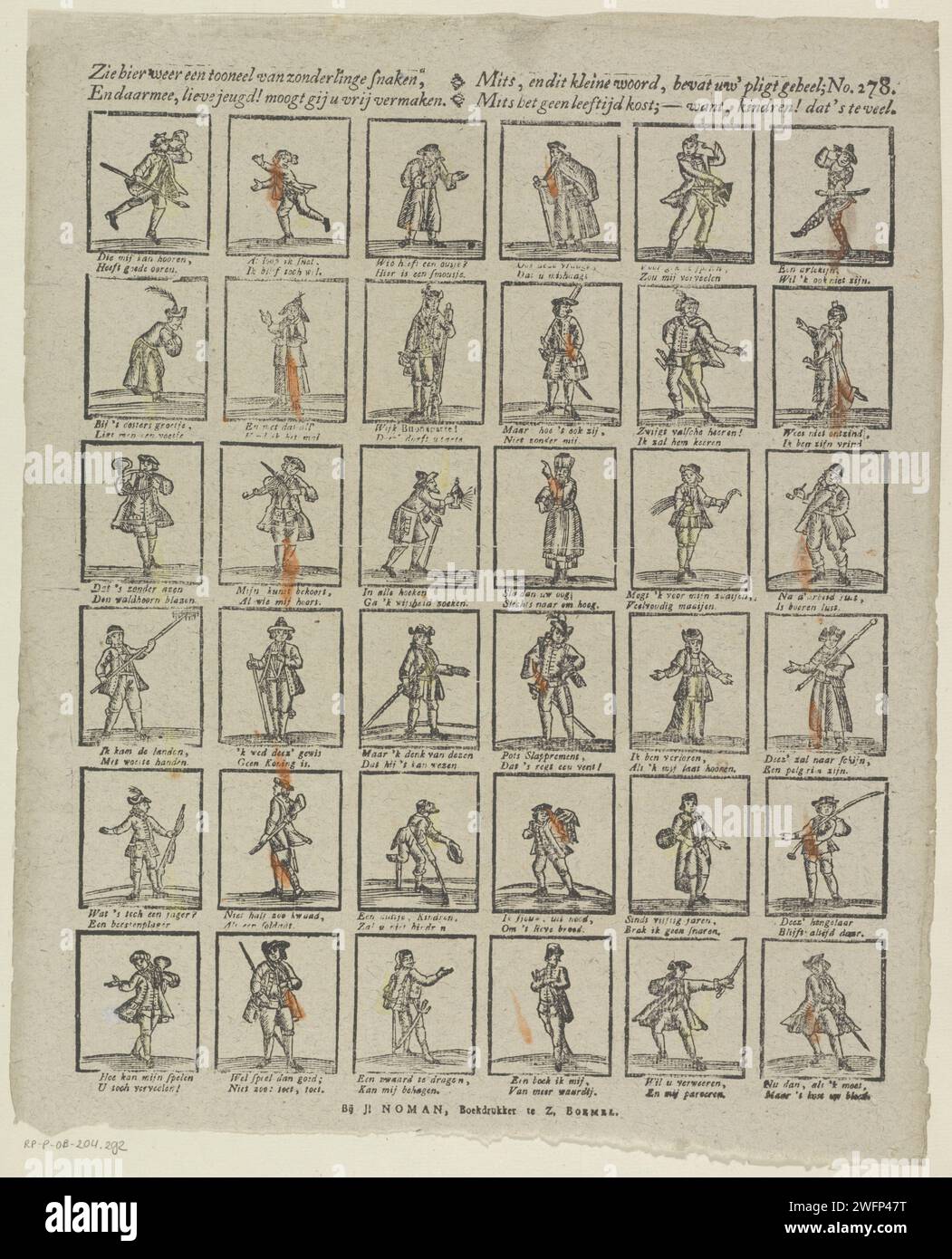 Guarda di nuovo qui una scena di strani serpenti, / e con questo, cara giovinezza! Potete divertirvi liberamente. / If, e questa piccola parola, il tuo 'pligt contiene completamente; / fornito non costa tempo di lettura; - perché, bambino run! Questo è troppo, 1806 - 1830 fogli stampati con 36 spettacoli di figure, professioni e attività diverse. Sotto ogni immagine un verso bidirezionale. Numerato in alto a destra: N. 278. Editore: Zaltbommelprint Maker: Netherlands paper letterpress Printing Human types. musicista al lavoro. contadini. persona con disabilità fisica Foto Stock