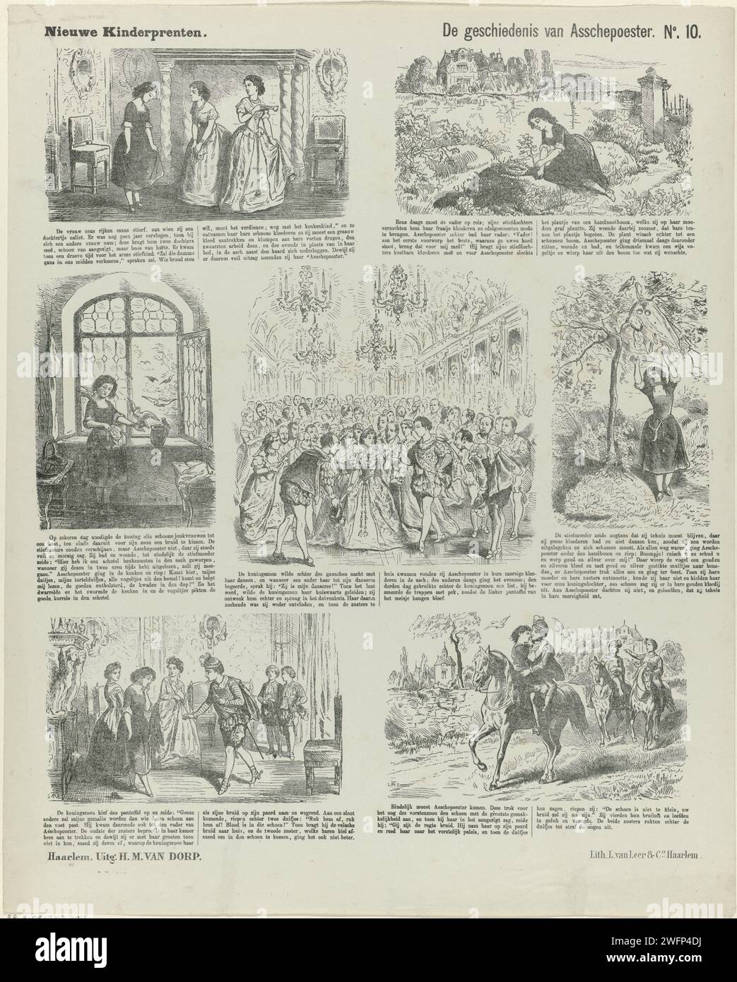 The History of Asschepoester, 1872 - 1883 Foglia stampata con 7 rappresentazioni della fiaba di Cenerentola. Una didascalia sotto ogni performance. Numerato in alto a destra: N. 10. Fiabe e fiabe in carta da lettere Haarlem (con TITOLO) Foto Stock