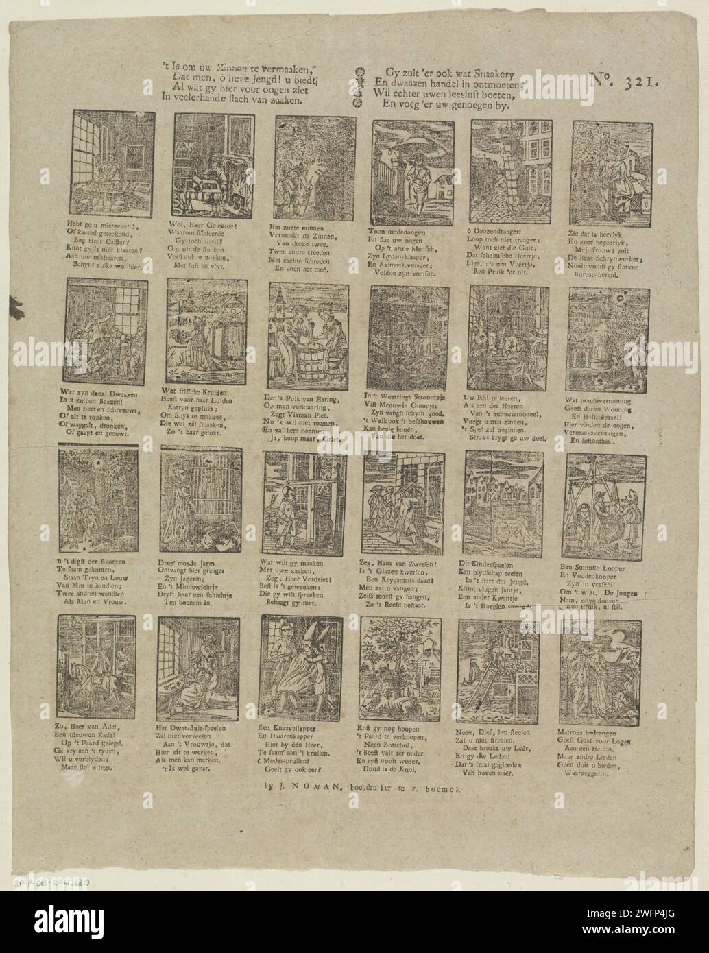 È quello di prendere le vostre frasi, / quella, oh cara giovinezza! Offri [(...)], 1806 - 1830 fogli stampati con 24 spettacoli di diverse figure e attività. Un verso a quattro righe sotto ogni immagine. Numerato in alto a destra: N. 321. Editore: Zaltbommelprint Maker: Netherlands paper letterpress Printing Human types. riunione degli amanti. barbiere, barbiere. il soldato, la vita del soldato Foto Stock