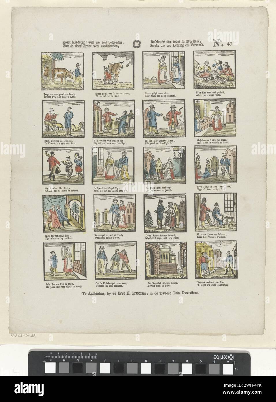 BAMBINI BAMBINI! Vuoi pagare la tua TYD, / vedi in Deez 'print molti parassiti, / considera tutti nella sua attività, / Estendi la tua alla pelle e all'intrattenimento, 1831 - 1854 fogli stampati con 20 spettacoli di diverse figure e attività. Sotto ogni immagine un verso bidirezionale. Numerato in alto a destra: N. 47. Editore: Amsterdamprint Maker: Olanda carta tipografica stampa tipi umani. combattere. musicista al lavoro. commerciante di strada Foto Stock