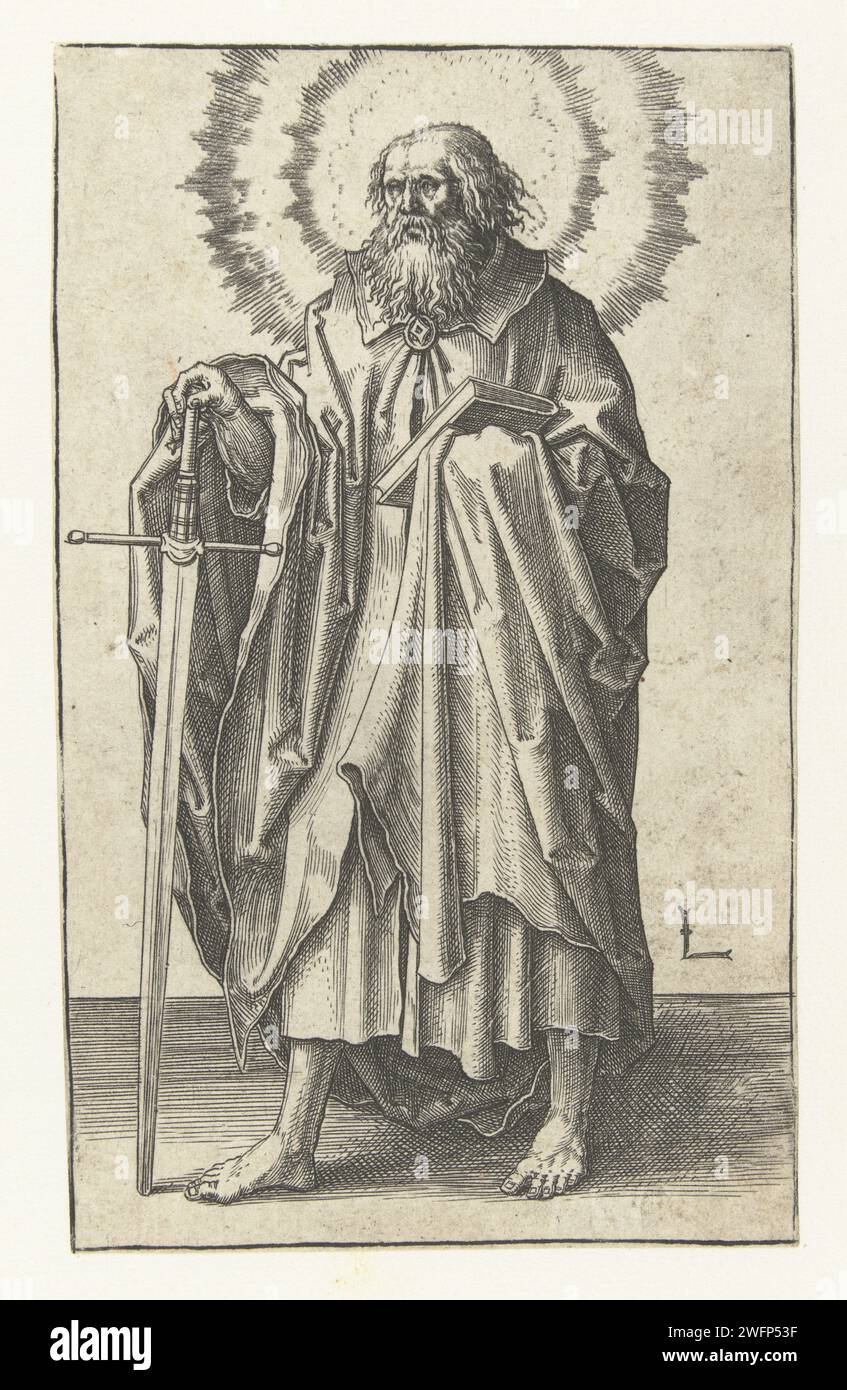 L'apostolo Paolo, Lucas van Leyden, 1508 - 1512 stampa carta Paesi Bassi che incide l'apostolo Paolo di Tarso; possibili attributi: Libro, rotolo, spada Foto Stock