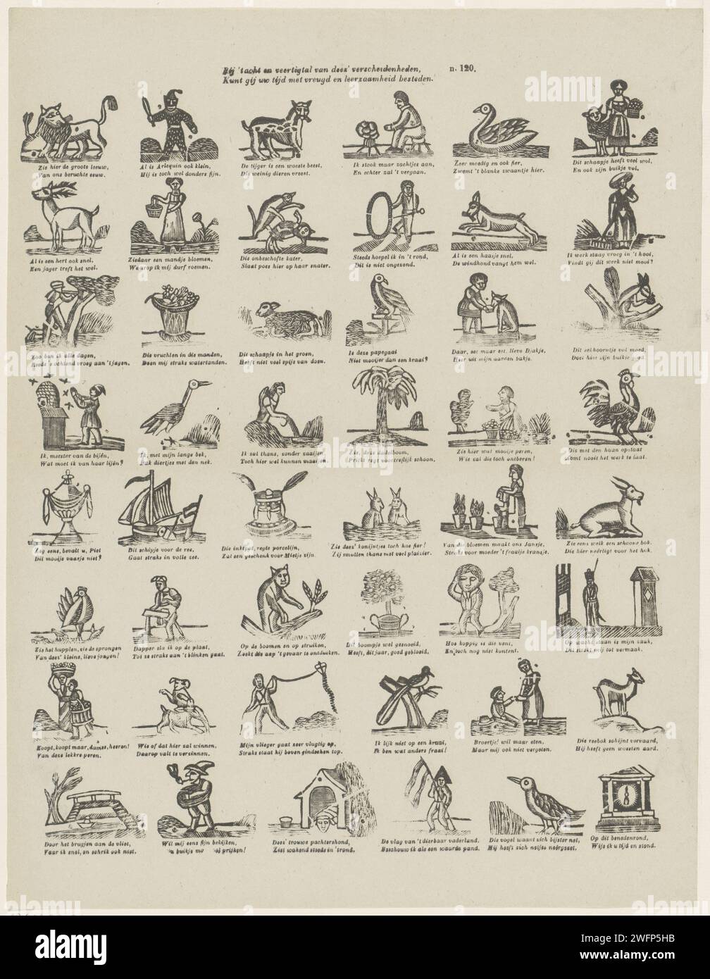 All'età di quarant'anni di diversioni di Deez, puoi trascorrere il tuo tempo con gioia e apprendimento, 1856 - 1900 fogli stampati con 48 rappresentazioni di figure, animali e oggetti. Sotto ogni immagine un verso bidirezionale. Numerato in alto a destra: n. 120. Caratteri per la stampa di carta Turnwood letterpress (tipi umani). animali. navi (in generale). (volare a) aquilone Foto Stock