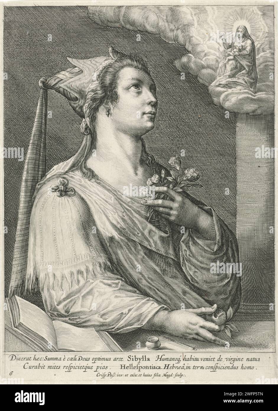 Sibille ellespontica, Magdalena van de Passe, dopo Crispijn van de Passe (i), stampa del 1615 la Sibilla ellespontica è seduta a un tavolo. Nella mano destra tiene un frutto e un mazzo di fiori nella mano sinistra. Guarda verso il cielo dove Maria appare con il bambino di Cristo. A margine una didascalia in latino. Stampa da una serie con Sibillen. sibyls di carta per incisione di Utrecht (con NOME). Madonna: Maria seduta o in trono, il Cristo bambino in grembo (o davanti al seno) (Maria a volte rappresentava mezza lunghezza) Foto Stock