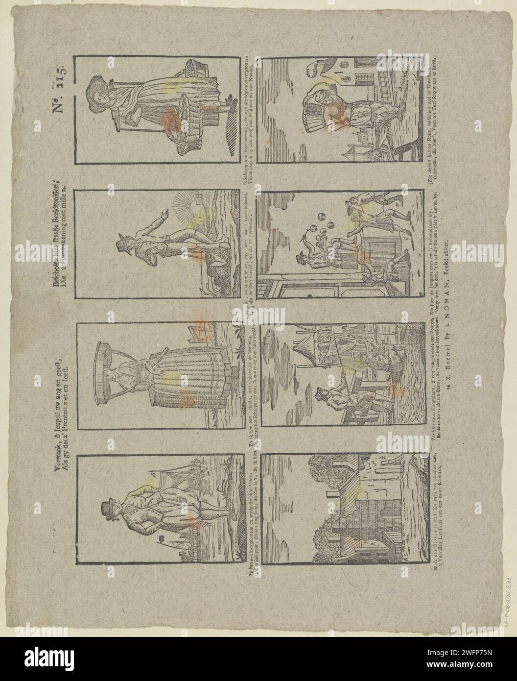 Intrattenimento, ô Youth! Il tuo occhio e dà, / se vedi e legge deez. / Considerate qui immagini bellissime, / non perdetevi quella stampa senza prova, 1806 - 1830 fogli con 8 spettacoli di figure e professioni diverse. Sotto ogni performance un verso a due vie. Numerato in alto a destra: N. 215. Carta Zaltbommel per stampa di tipi umani. commerciante di strada. contadini. fisherman Foto Stock