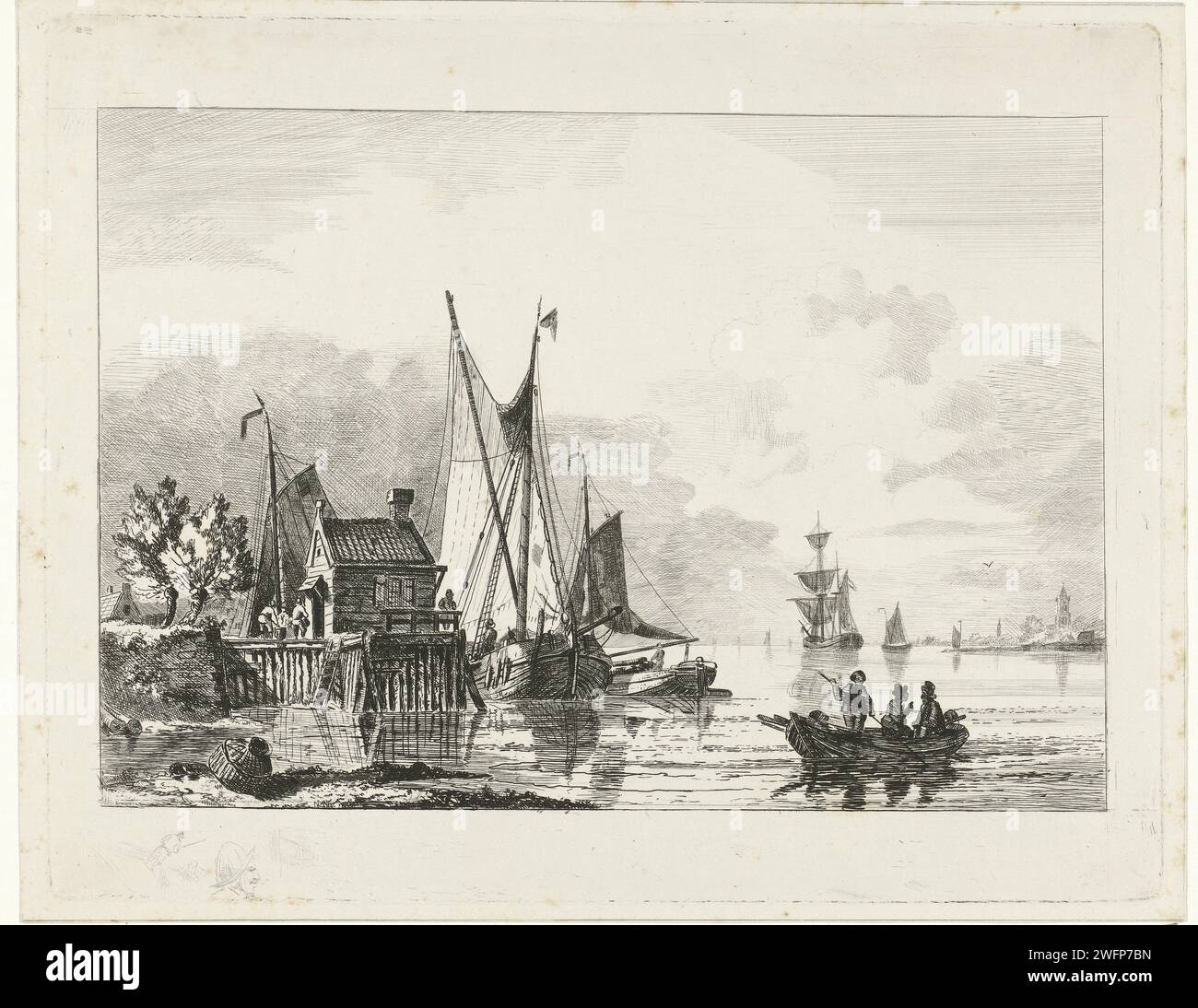 Fronte del fiume con navi a vela ormeggiate, Willem Gruyter Jr., 1832 - 1880 stampare casa in legno presso un molo con navi a vela ormeggiate e sulla destra in primo piano una barca a remi con tre uomini. Due figure incise a sinistra sotto lo spettacolo. Amsterdam cartaceo a vela, barca a vela (+ quattro persone o più  traffico e trasporto). canottaggio, canoa, ecc. Foto Stock