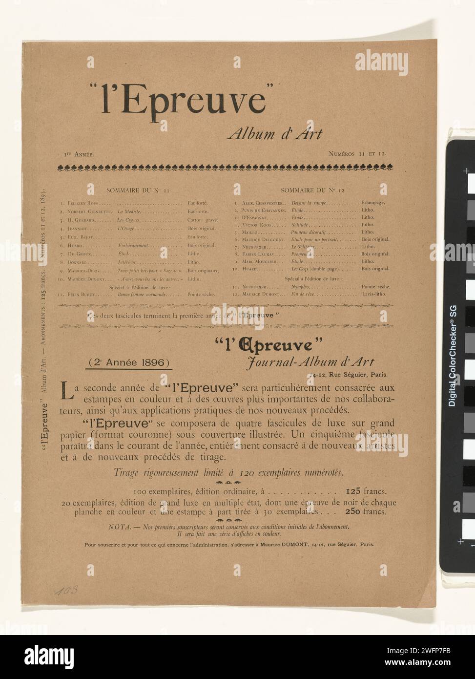 Rivista l'Epreuve, 1895 stampa la rivista l'Epreuve apparve mensilmente dal dicembre 1894 al dicembre 1895 e prestò attenzione all'arte e alla letteratura. In questo caso, due edizioni sono in una canzone occhi, l'undicesima e la dodicesima edizione. Alla rivista, un album con dieci stampe originali di artisti famosi è stato pubblicato per canzone. Sulla prima pagina di questo doppio numero ci sono due elenchi di dieci nomi di artisti e il loro contributo, oltre a stampe extra per l'edizione Luxury. La rivista pubblicizza principalmente l'imminente secondo volume del 1896, che non è mai partito. Giornale di Parigi settimanale, mensile, m Foto Stock