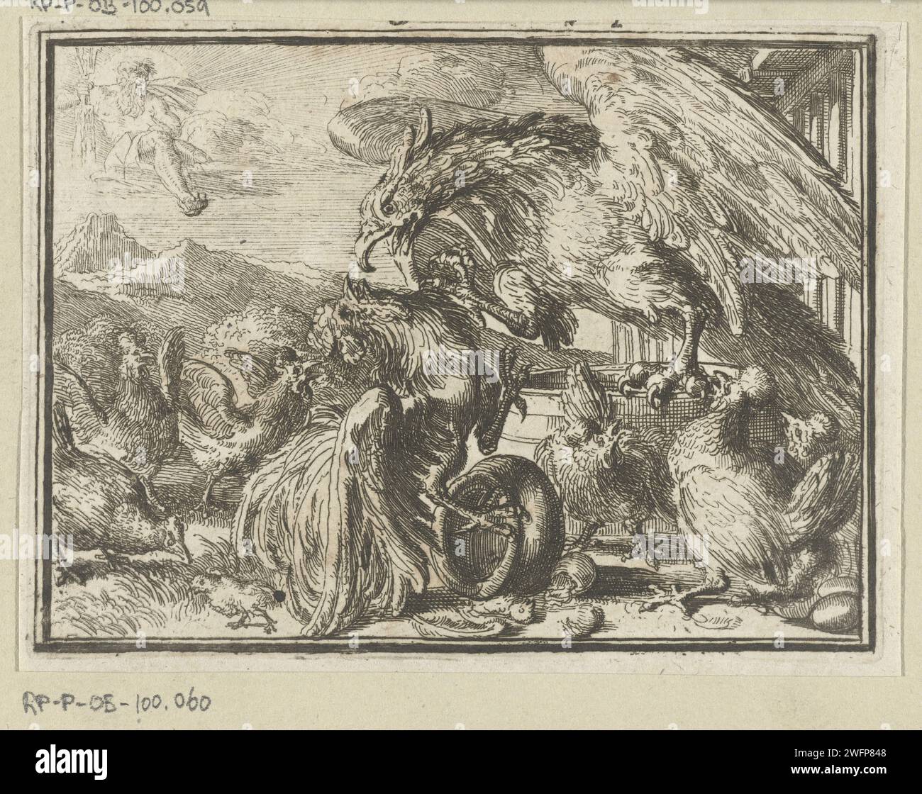 Titolo dell'opuscolo: The dispute between the French Haan, and Lombaardsche Hennen, Studies by Jupiter, 1701, 1701 stampato su richiesta delle galline (Lombardia), Giove invia un'aquila per attaccare De Haan (Francia). Il titolo si trova su un foglio di testo separato. Incisione della carta nei Paesi Bassi / stampa da stampa su carta Lombardia Foto Stock