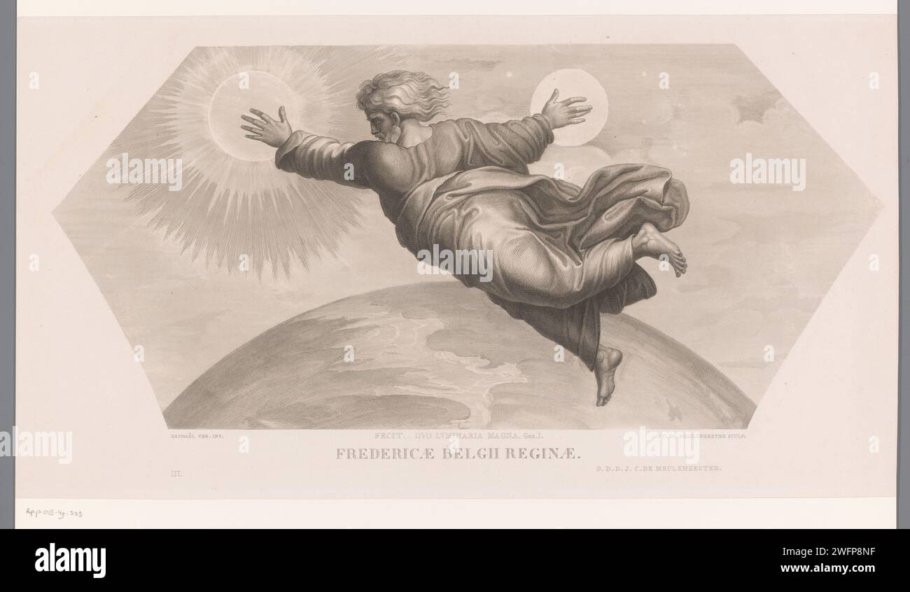 Dio crea il sole e la luna, Joseph Karel de Meulemeester, dopo Rafaël, 1819 stampa carta incisione / incisione creazione di sole, luna e stelle Foto Stock