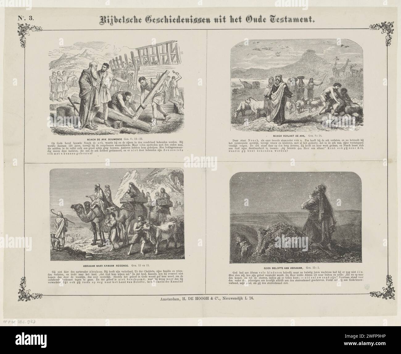 Storie bibliche dell'Antico Testamento, 1866 - 1871 stampa Foglia con 4 rappresentazioni di storie dell'Antico Testamento. Costruendo l'Arca, Noè lascia l'Arca, Abramo si reca a Canaan e la promessa di Dio ad Abramo. Il corrispondente testo della Bibbia sotto ogni immagine. Numerato in alto a sinistra: N. 3. Carta da lettera di Amsterdam con stampa Antico Testamento. Noah sta costruendo l'arca. Noè, la sua famiglia e gli animali lasciano l'arca (a volte combinato con l'arcobaleno dell'alleanza). Abramo va a Canaan (Genesi 12:1-9). Dio promette che il seme di Abramo sarà numeroso quanto le stelle del cielo Foto Stock