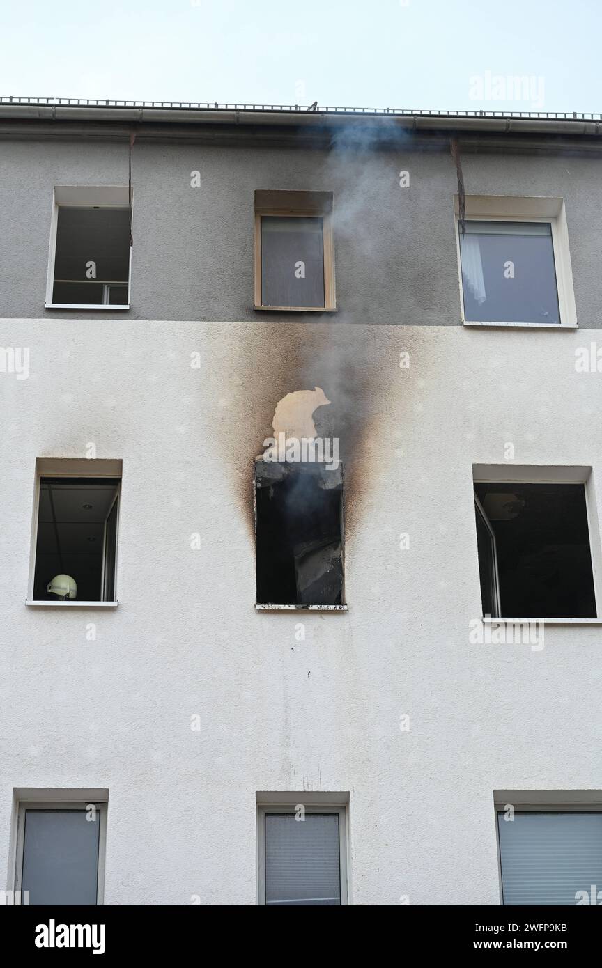 Lipsia - Küchenbrand in Wohnblock: Anwohner evakuiert, Mieterin verletzt 30.01.2024 gegen 12:15 Uhr Leipzig, Nikolai-Rumjanzew-Straße am Dienstagmittag kam es in einer Wohnung in einem Neubaublock an der Nikolai-Rumjanzew-Straße im Leipziger Südwesten zu einem Brand in einer Küche. Nach ersten Angaben der Feuerwehr brach der Brand gegen 12,15 Uhr in dem Haus. AM Brandort angekommen schlugen bereits Dunkle Rauchwolken aus dem angekippten Fenster des Wohnblocks. Unter Atemschutz gingen die Feuerwehrleute in die Wohnung, holten eine verletzte Frau raus und übergaben sie an den Rettungsdienst Foto Stock