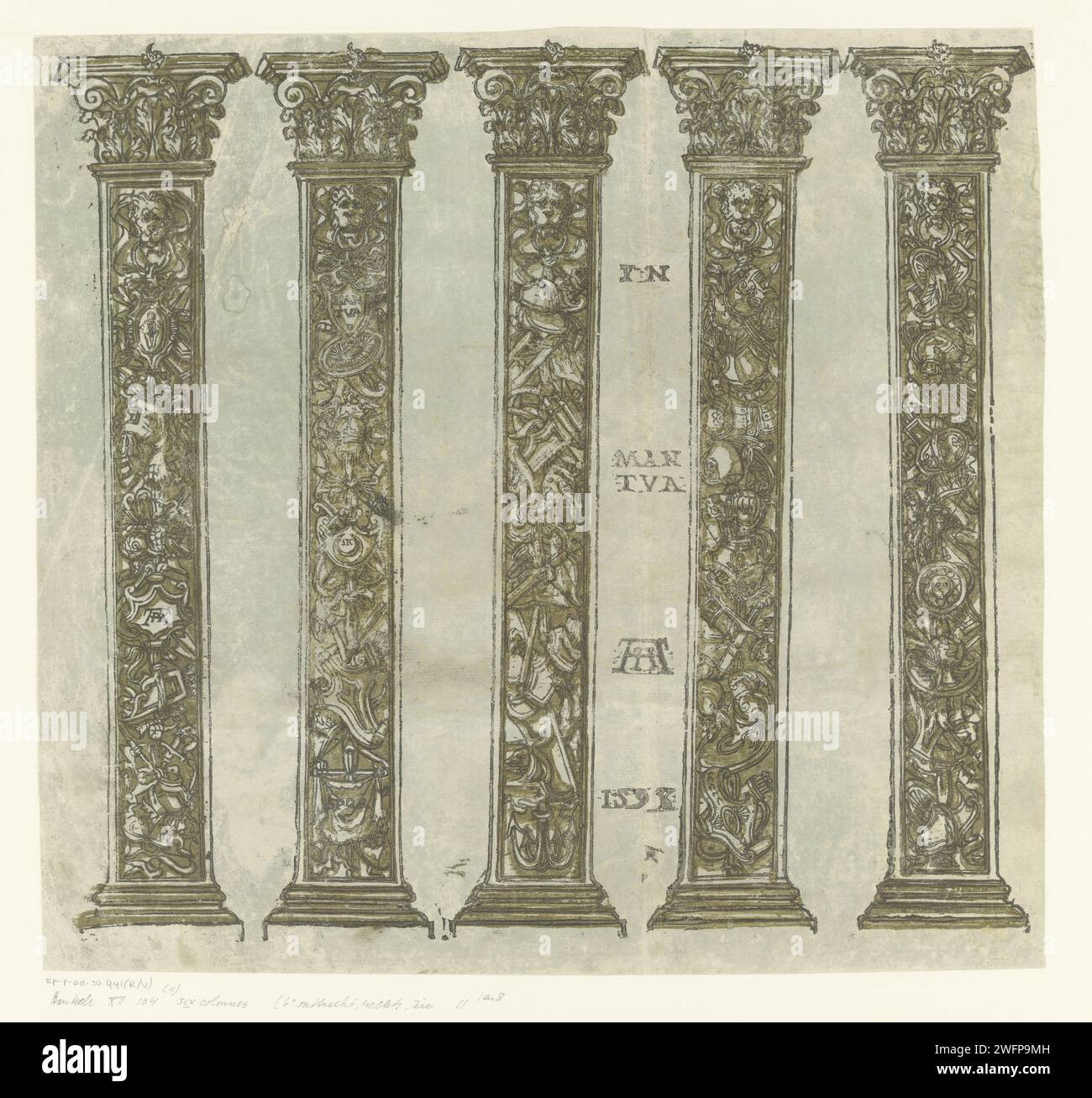 Cinque pilastri corinzi, Andrea Andreani, 1598 stampa Italia trionfo di Cesare. mezza colonna, pilaster  architettura. Ordine corinzio  architettura Foto Stock