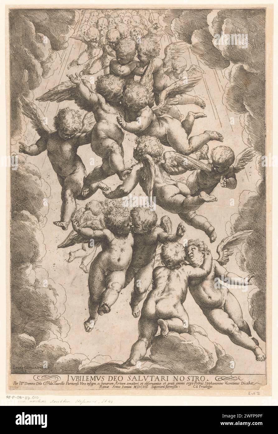 Engelen in glories, Guido reni, dopo Luca Cambiaso, 1607 stampa Un gruppo di putti galleggianti, circondati da nuvole. Titolo in latino in STUDMARGE. Tipografia: Italyafter disegno di: ItalyVaticaanstad carta incisione Cupidi: 'Amores', 'Amoretti', 'Putti' Foto Stock