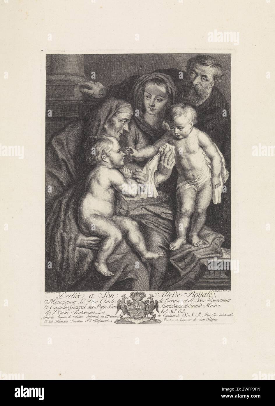 Sacra famiglia con Elisabeth e Johannes, Philippe Joseph Tassaert, in onore di Peter Paul Rubens, 1744 - 1803 carta stampata con incisione Sacra famiglia con Giovanni Battista, Elisabetta presente Foto Stock