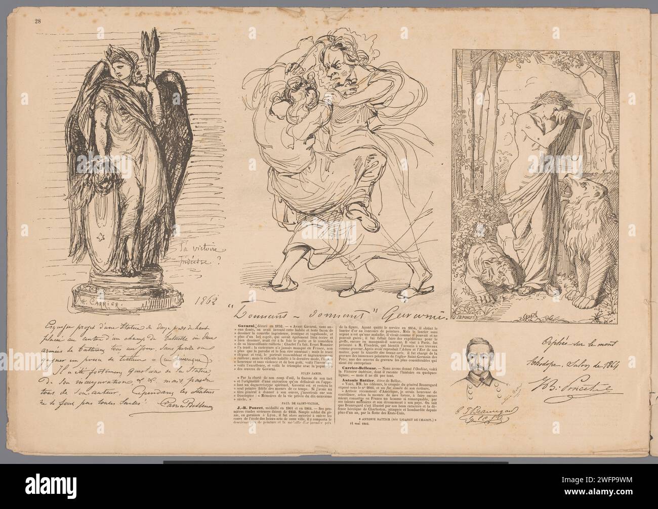 Personificazione della vittoria, due combattenti, Orpheus e il capo di un uomo, Firmin Gillot, dopo Paul Gavarni, dopo Jean-Baptiste Poncet, dopo Louis-Robert Carrier-Belleuse, dopo Albert-Ernest Carrier-Belleuse, nel 1864 stampa il giornale parigino "Victoria"; "Vittoria", "vittoria navale", "Vittoria di antiqui" (Ripa). Combattere. (Storia di) Orfeo Foto Stock