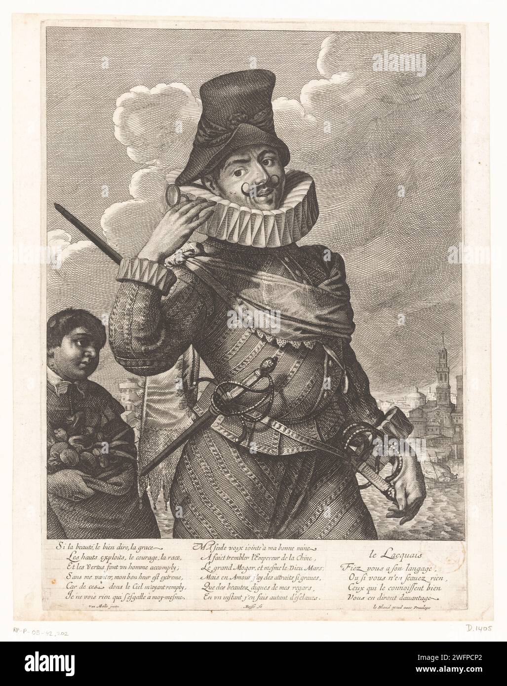 Caricatura di un uomo spagnolo con una lacca, Abraham Bosse, dopo Peter van mol, 1635 stampa carta incisione/incisione europei: Spagnoli (+ caricaturatura). lacchè e altro personale inferiore a corte Foto Stock