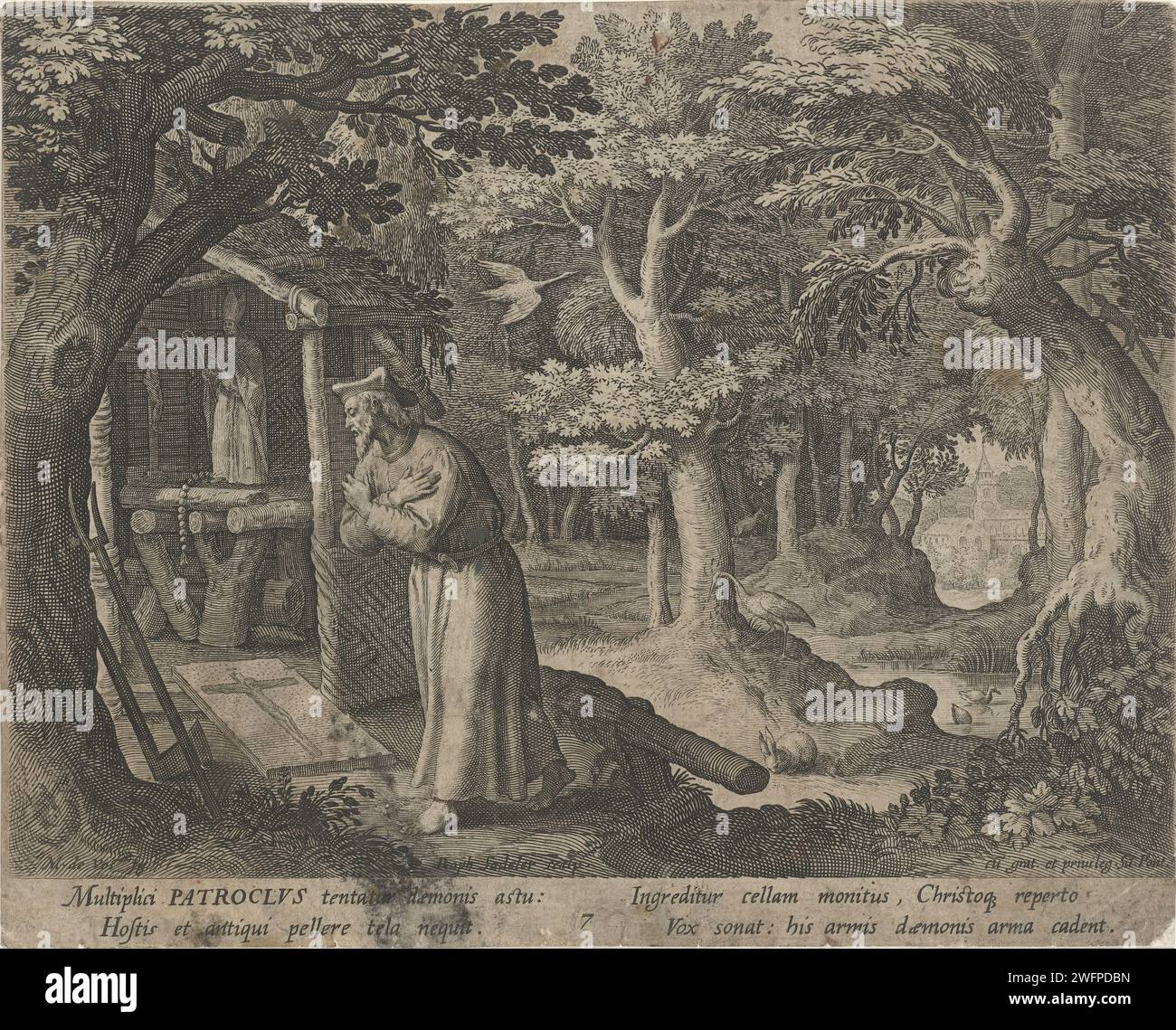 Santo Patruco di Néris come recluso, Raphaël Sadeler (i), dopo Maerten de Vos, 1598 stampa il Santo Patruco di Néris, un recluso dalla Francia, prega per una cappella dedicata a H. Martinus van Tours. Sullo sfondo una foresta con una gru. Anchorite per incisione in carta di Venezia, eremita. Santi maschili (con NOME). Martin, vescovo di Tours; possibili attributi: Mendicante, oca. chiesa (esterno) - QQ - piccola chiesa, cappella. foresta, legno. uccelli da spiaggia e uccelli da guado Foto Stock