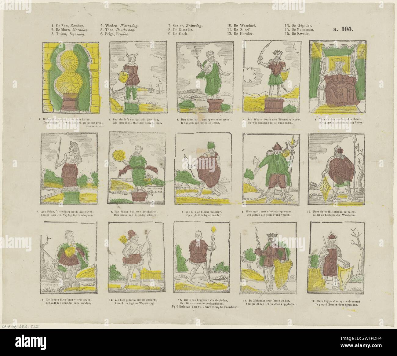 Figure, 1833 - 1856 fogli stampati con 15 rappresentazioni di figure mitologiche che ritraggono i sette giorni della settimana, rappresentazioni di diversi popoli e rappresentazioni di altre figure mitologiche. Sotto ogni immagine un verso bidirezionale. Nel margine superiore un elenco esplicativo di numeri. Numerato in alto a destra: n. 105. Carta Turnwood carta tipografia dèi di stampa  mitologia classica. giorni della settimana (+ variante). razze umane; popoli; nazionalità Foto Stock