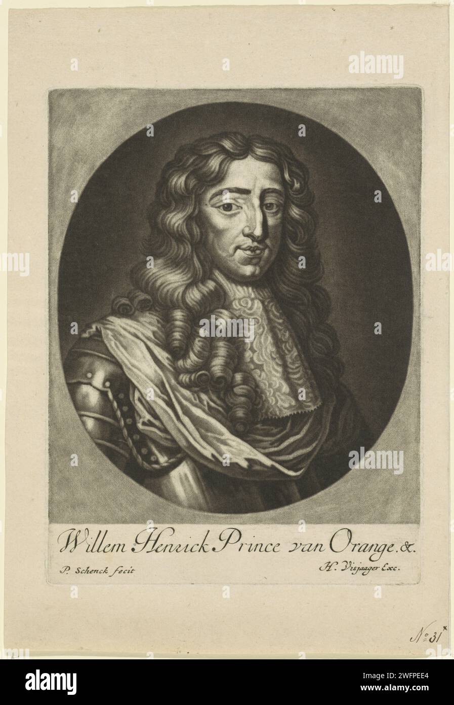 Ritratto di Guglielmo III, Principe d'Orange, Pieter Schenk (i), c. 1683 - c. 1684 stampa Ritratto di Guglielmo III in un ovale. Il margine inferiore contiene nome e titoli. Giornale di Amsterdam Foto Stock